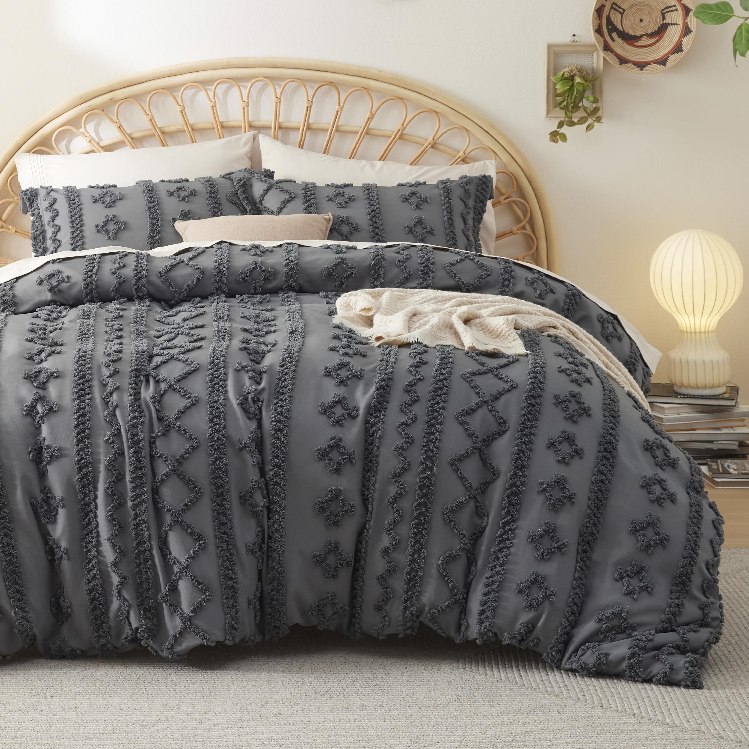 Bedsure Boho Duvet Cover Queen Size - Tufted Duvet Cover Queen Set For All Seasons, 3 Pieces Soft Shabby Chic Embroidery Boho Bedding, Comforter Not Included (Dark Grey, 90' X 90')