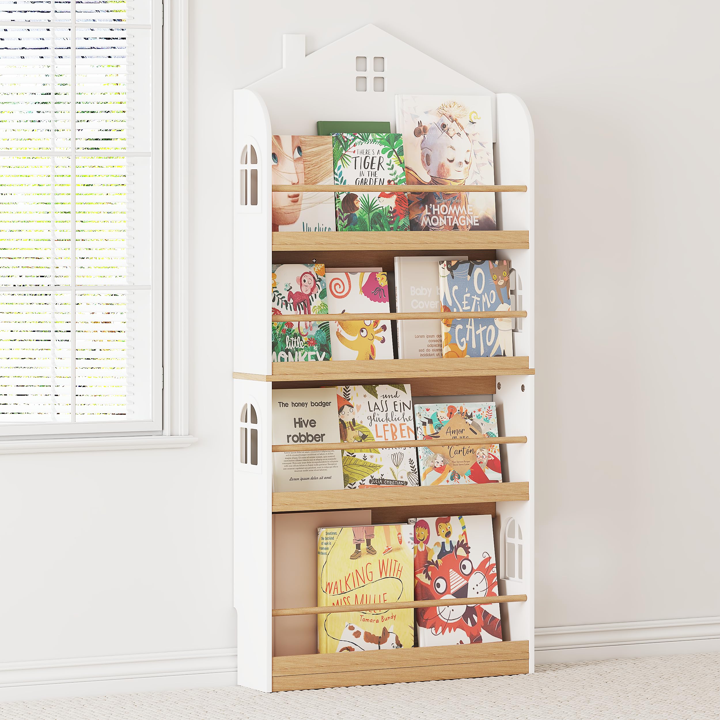 UTEX Kids Bookshelf Wall Mounted, 4-Tier Book Shelf Organizer, Tall Wooden Childrens Bookcase, Storage Book Rack for Kids Room,