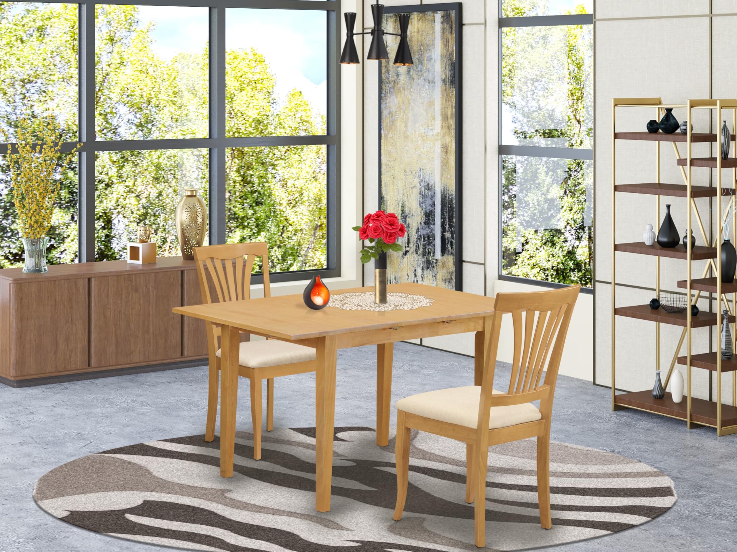 East West Furniture NOAV3-OAK-C 3 Piece Kitchen Table & Chairs Set Contains a Rectangle Dining Room Table with Butterfly Leaf and 2 Linen Fabric Upholstered Chairs, 32x54 Inch, Oak