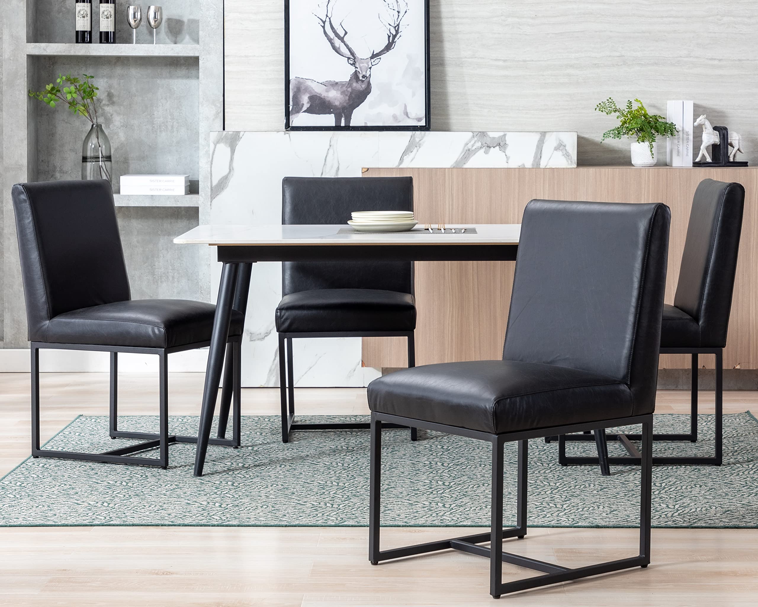 Cimota Black Modern Dining Chairs Set Of 4, Leather Dining Room Chairs Upholstered Armless Guest Side Chair With Black Base For