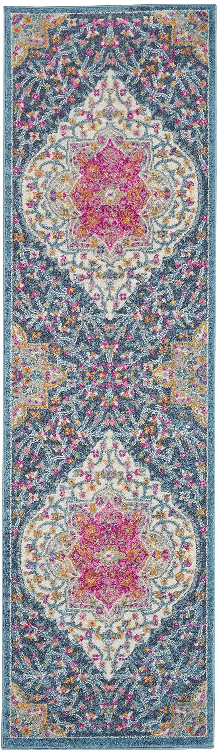 HomeRoots Multicolor 100% Polypropylene 2’ x 10’ Blue and Pink Medallion Runner Rug