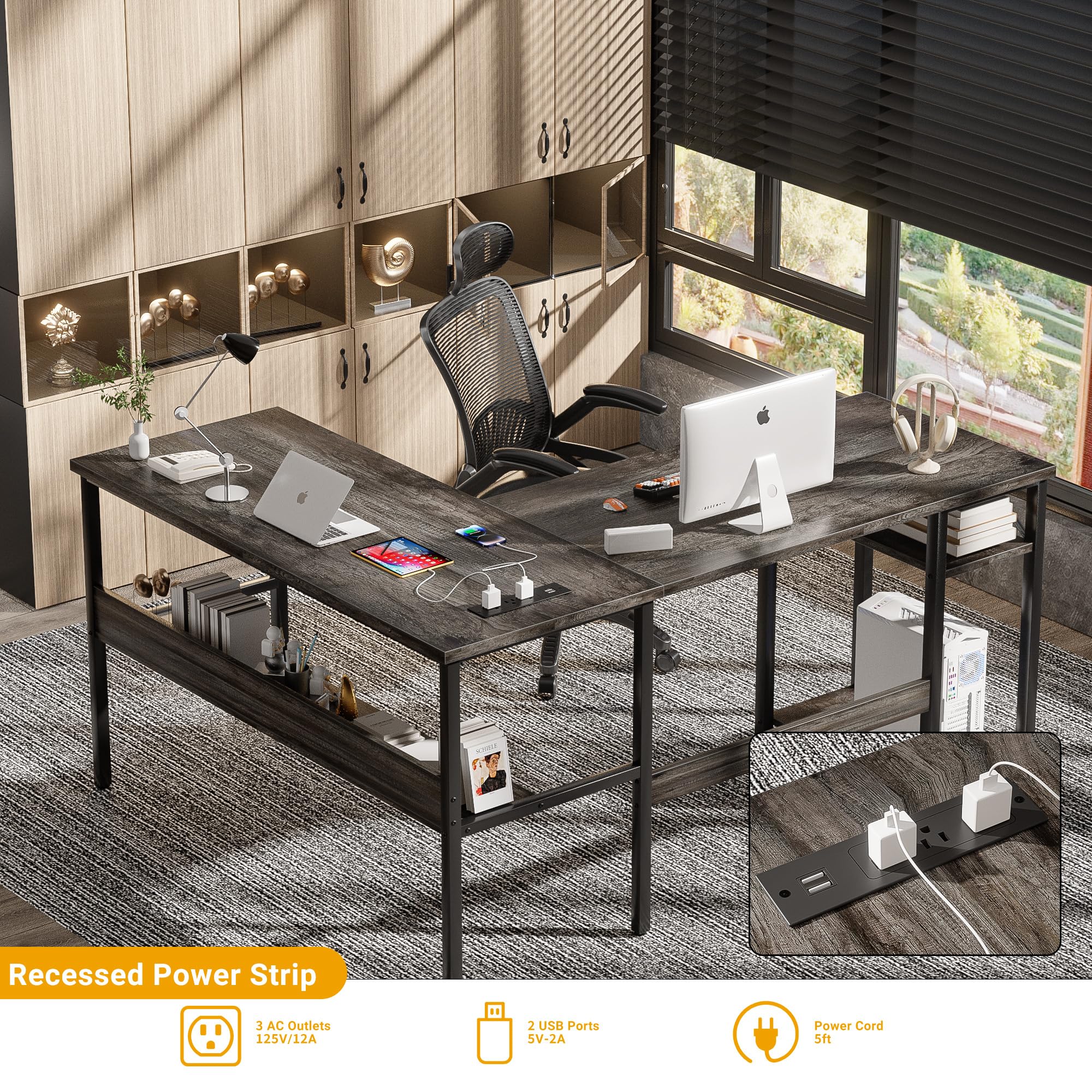 Unikito Reversible L Shaped Desk With Magic Power Outlets And Usb Charging Ports, Sturdy Corner Computer Desk With Storage Shelves, Gaming Desk For Home Office, Easy To Assemble, Black Oak
