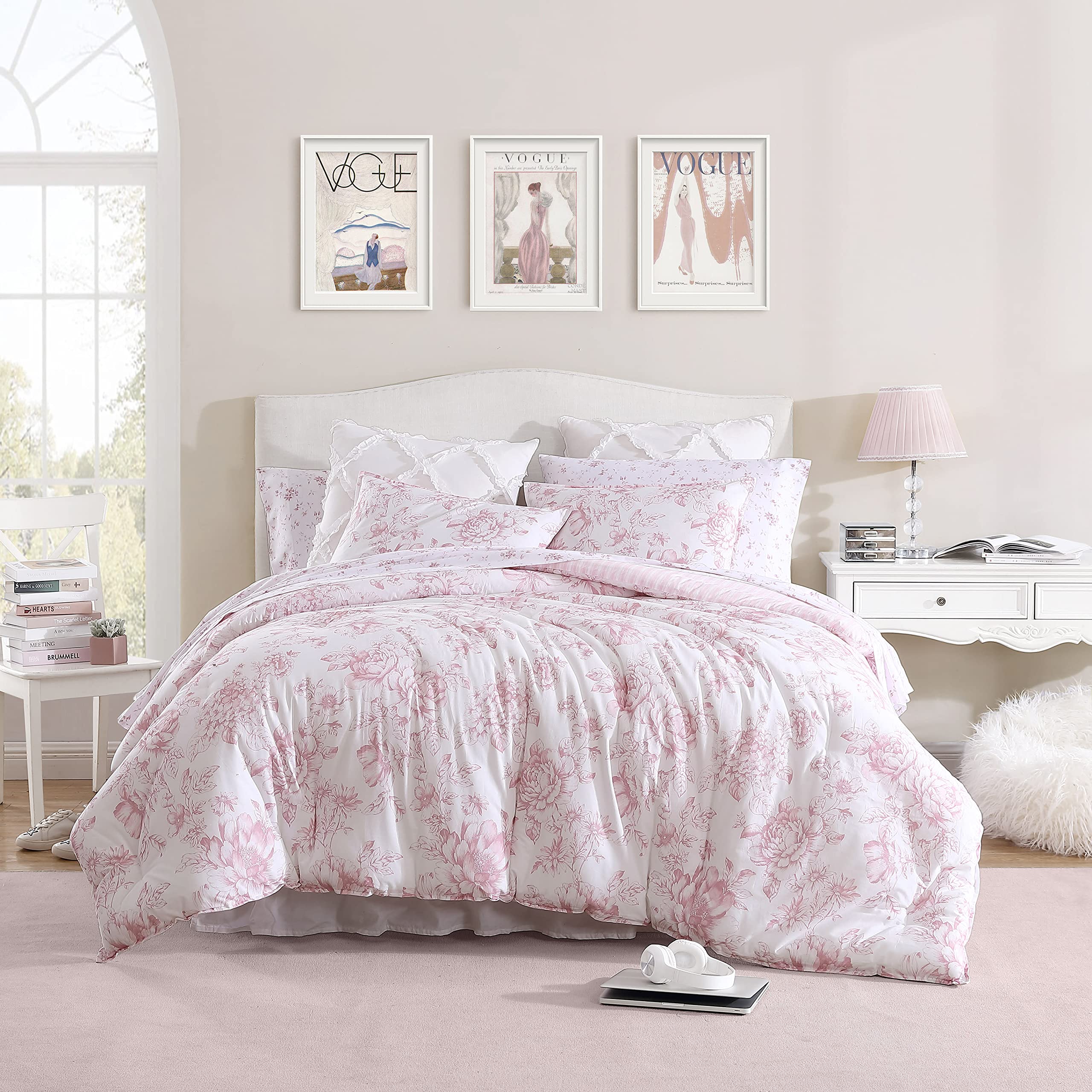 Laura Ashley- King Comforter Set, Reversible Cotton Bedding With Matching Sham(S), Farmhouse Home D  Cor (Delphine Pink, King)