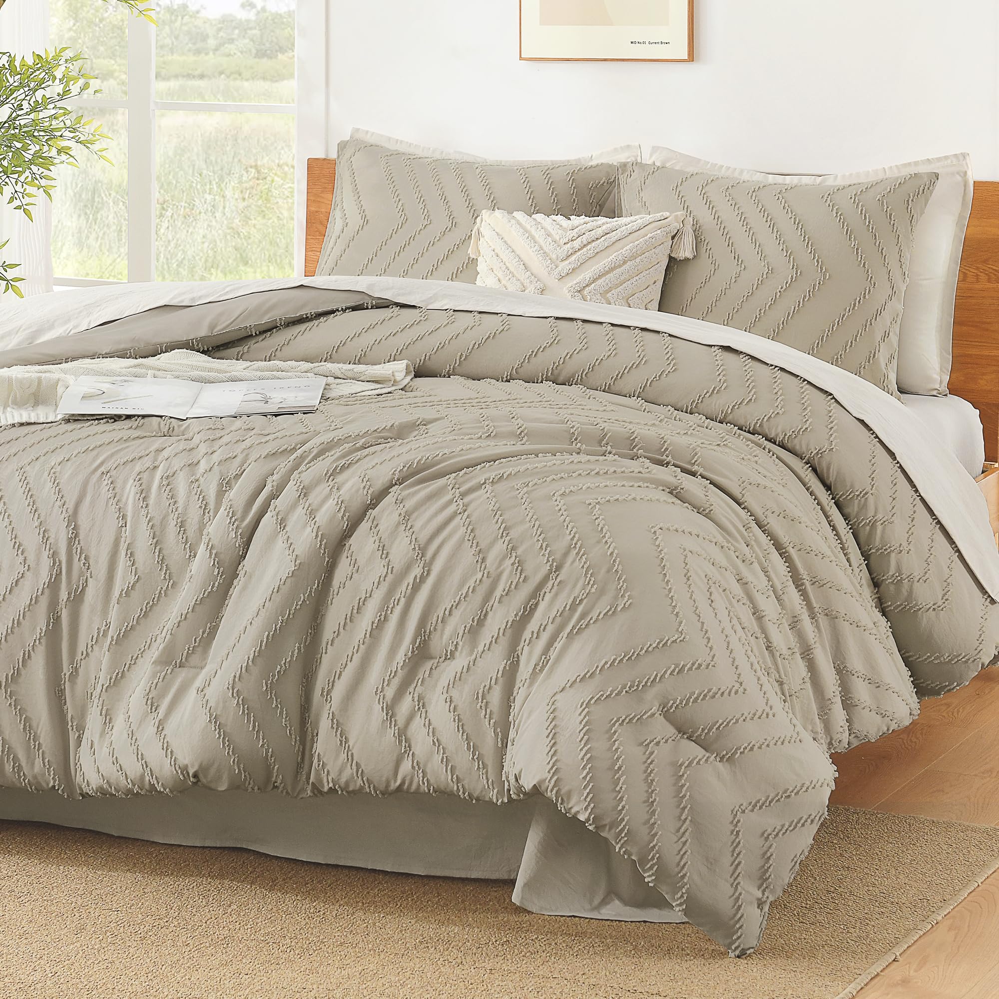 Litanika Comforter Oversized King Size Set Oatmeal, 3 Pieces Chevron Tufted Solid Bedding Comforter Sets, Fluffy Bed Set