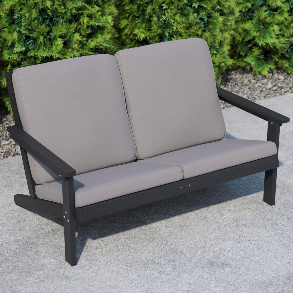 Flash Furniture Charlestown Adirondack Style Deep Seat Patio Loveseat with Cushions - Black Poly Resin Frame - Charcoal All-Weather Cushions - Indoor/Outdoor