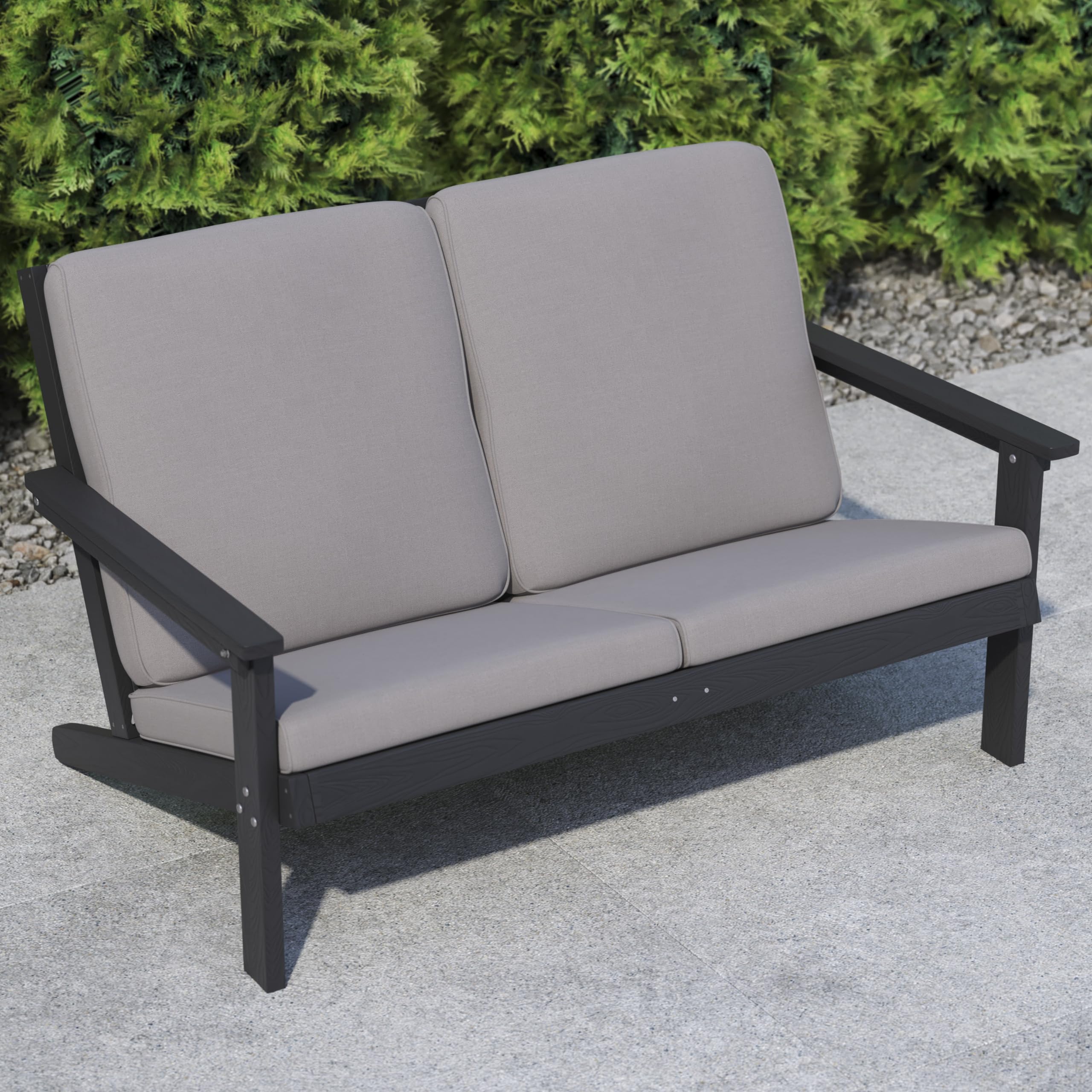 Flash Furniture Charlestown Adirondack Style Deep Seat Patio Loveseat with Cushions - Black Poly Resin Frame - Charcoal All-Weather Cushions - Indoor/Outdoor