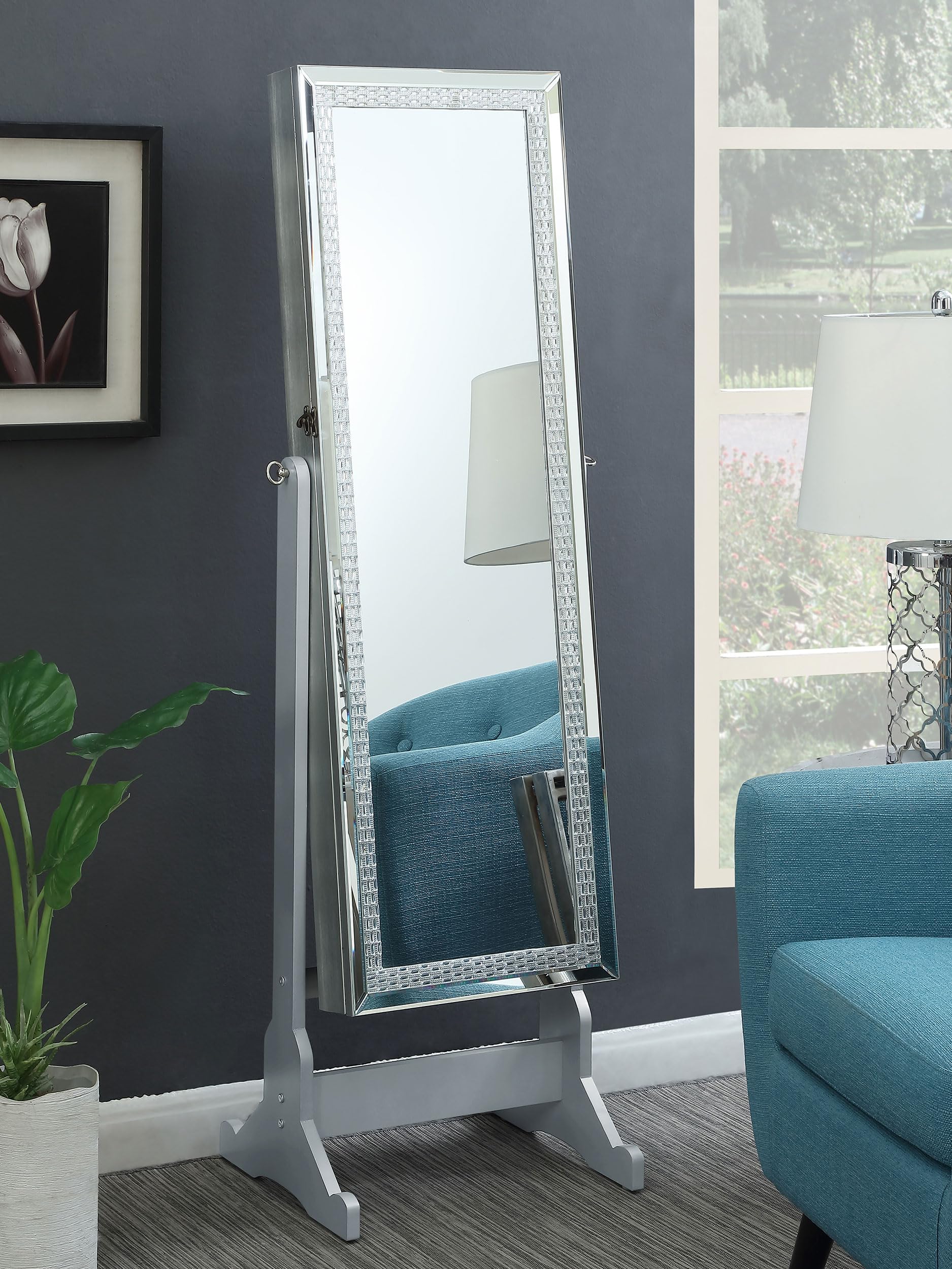 Coaster Home Furnishings Elle Contemporary Rectangular Cheval Mirror with Jewelry Storage Adjustable Bedroom Mirror Jewelry Armoire Silver 902779