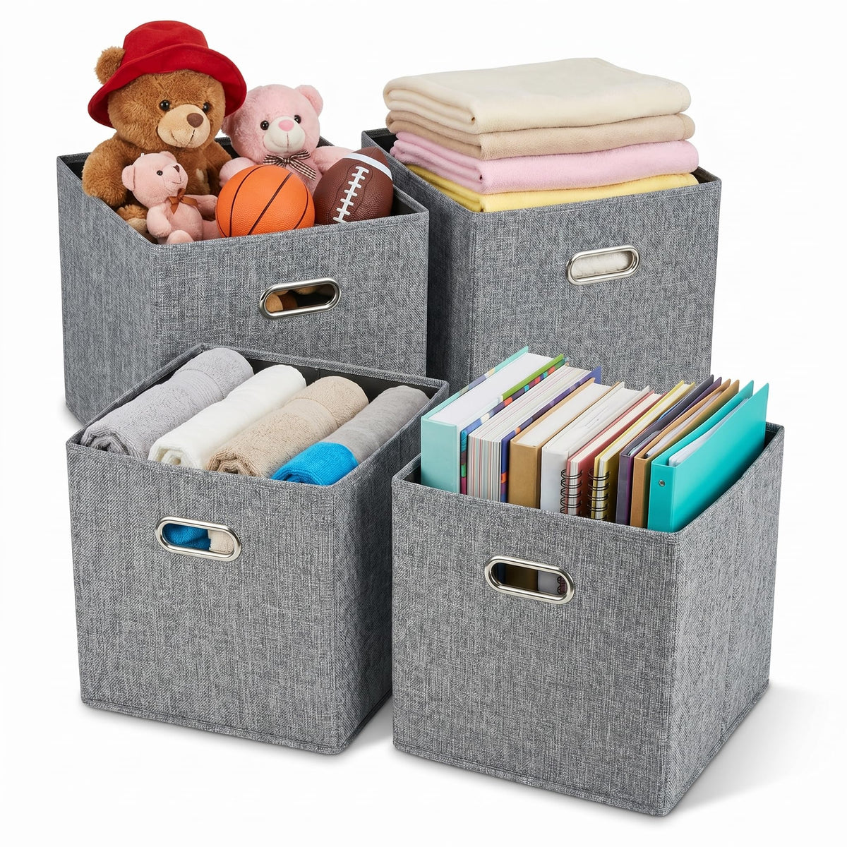 Clutter Mutter 12x12 Gray Fabric Storage Cubes, 4 Pack  Foldable LinenLook Cube Organizer Bins with Handles, Collapsible Cubby