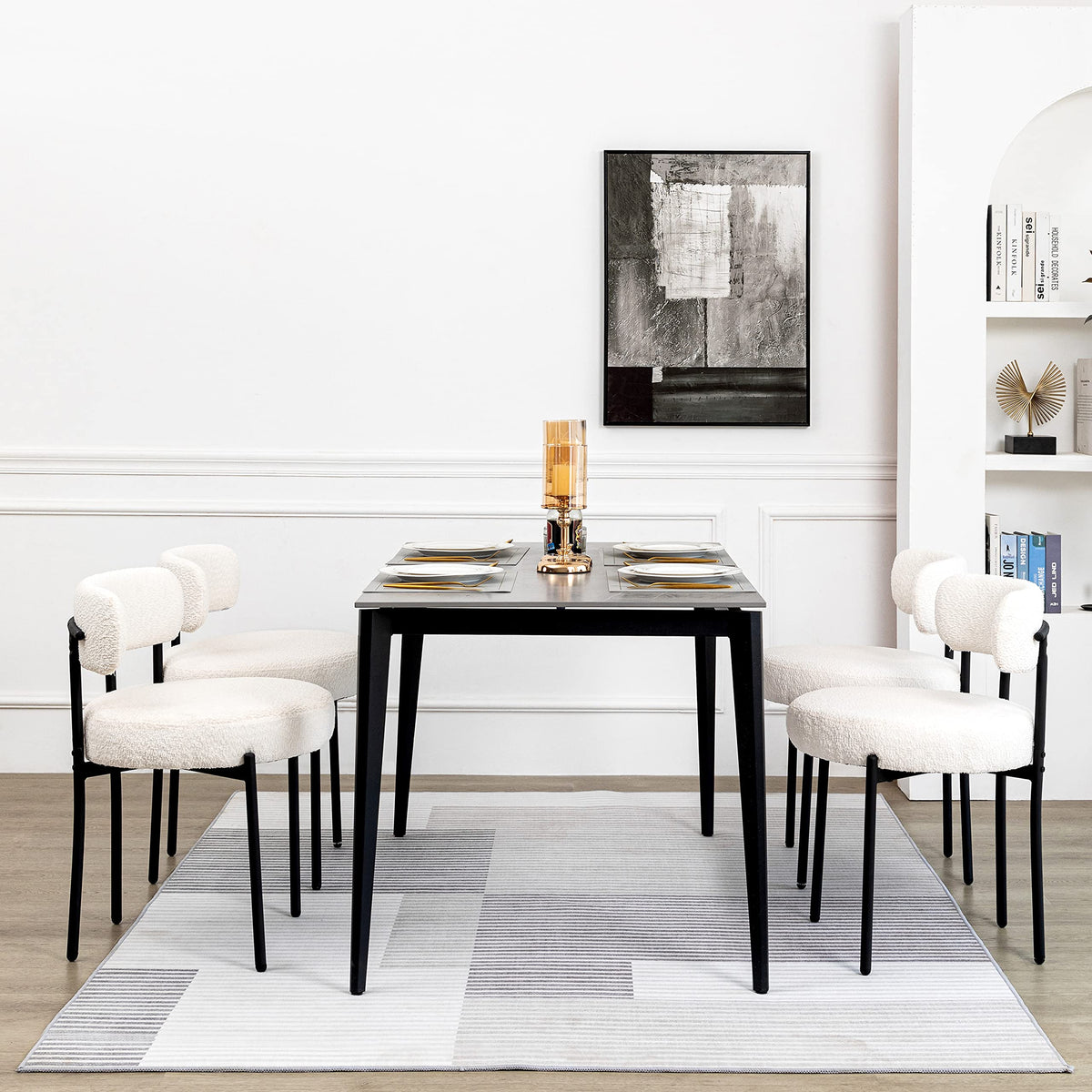 Dyhome White Boucle Dining Chairs Set Of 4, Upholstered Kitchen Chairs With Thick Cushions And Metal Legs, Round Modern Dining R