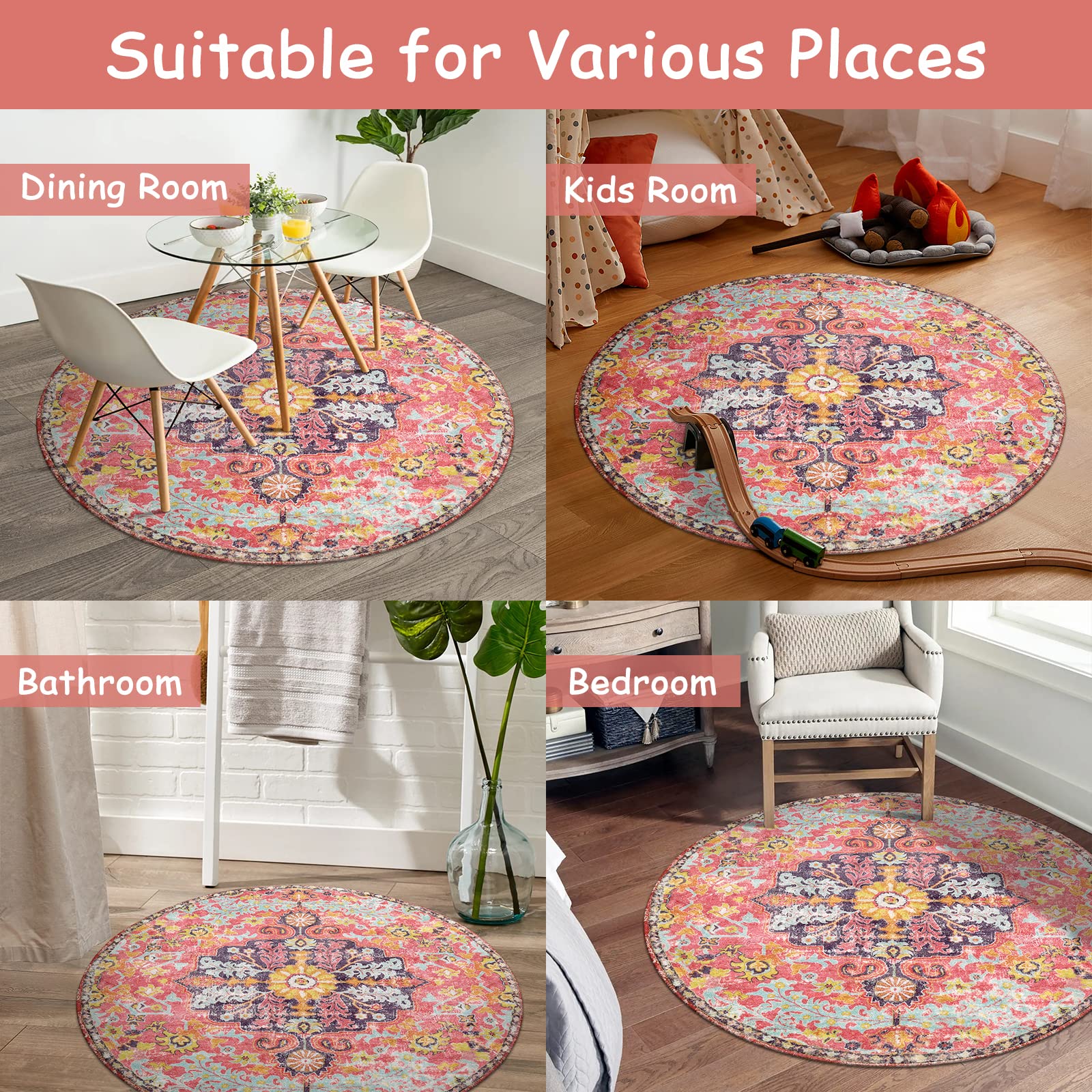 Lahome Bohemian Floral Medallion Round Rug - 3Ft Small Hot Pink Round Area Rug For Girls Bedroom Nursery Mat, Boho Washable Soft