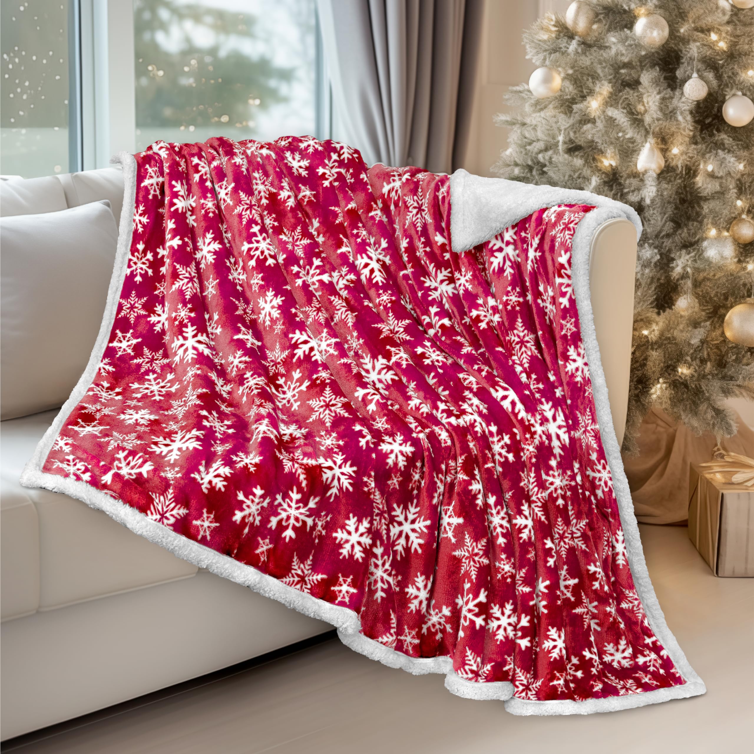 Pavilia Premium Christmas Sherpa Throw Blanket | Red Snowflake Decoration, Fleece, Plush, Warm, Cozy Reversible Microfiber Holid