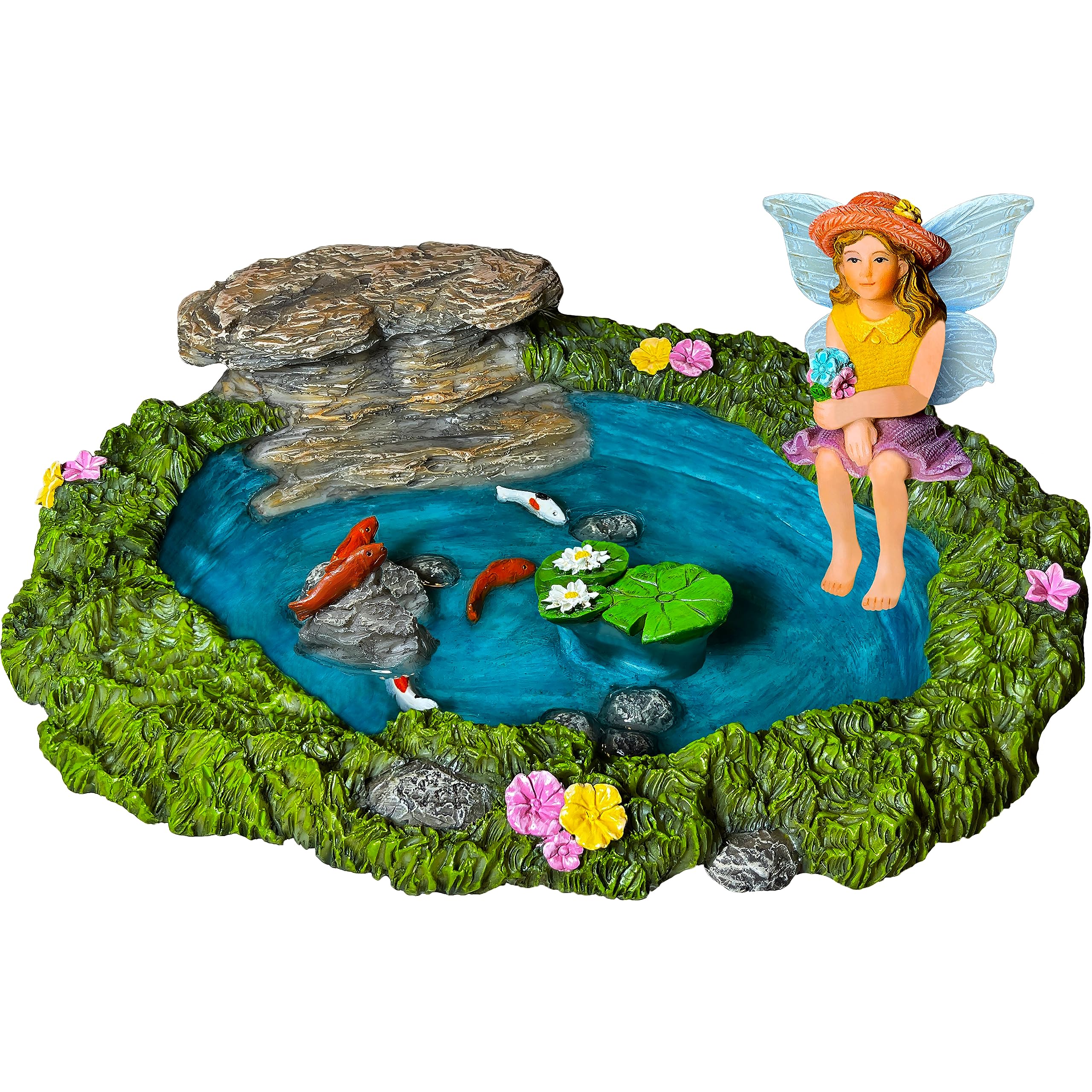 Mood Lab Fairy Garden - Miniature Fish Pond & Fairy Figurine Kit - 2 Pcs Set Of Garden Accessories - Outdoor Or House Decor
