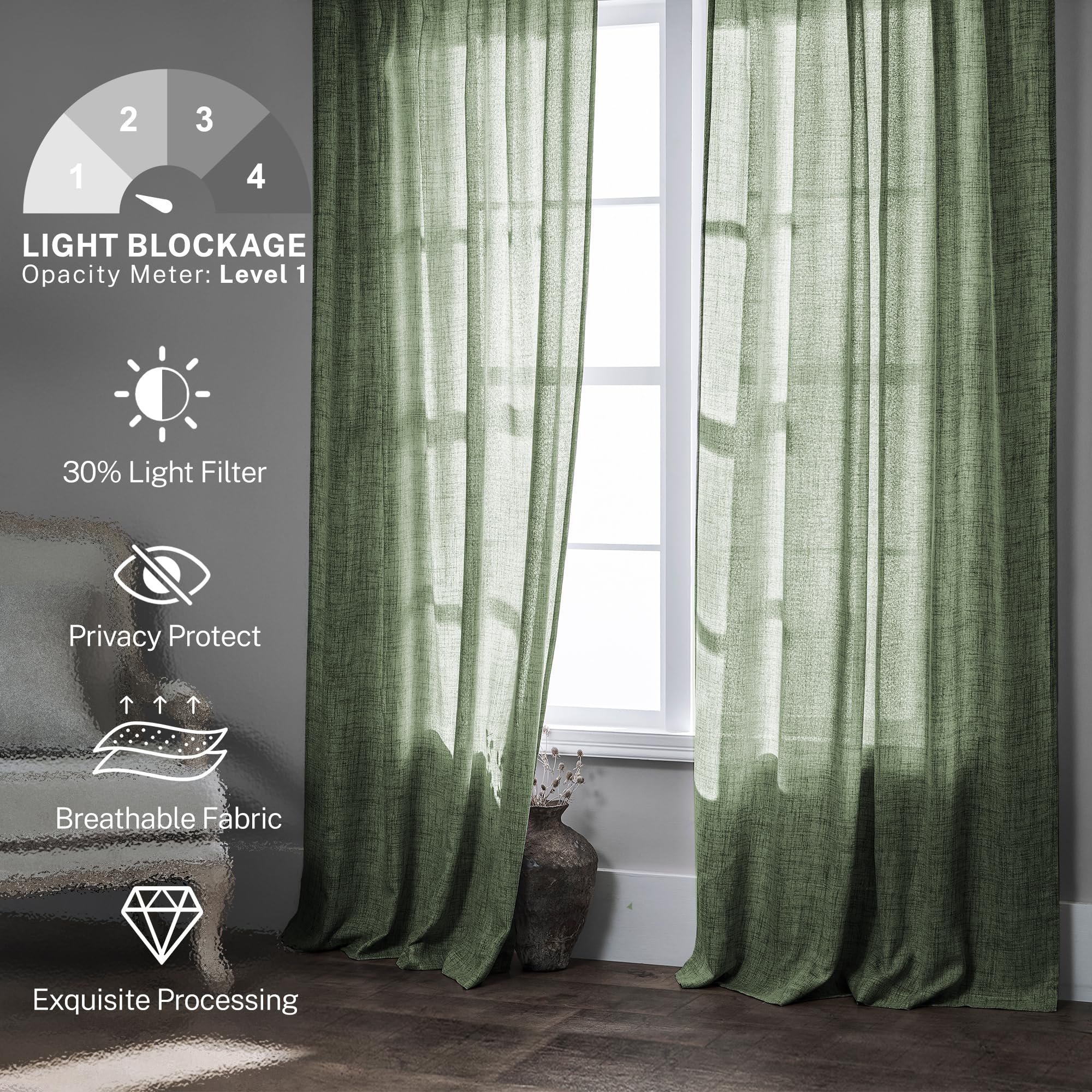 Meetbily Back Tab Curtains 92 Inches Long 2 Panels For Living Room Semi Sheer Pleated Linen Curtain Drape Light Filtering Breath
