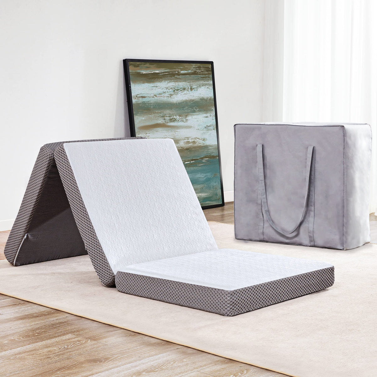 Kingfun Memory Foam Folding Mattress,Gel-Infused Foldable Floor Mattress, Breathable Tri-fold Mattress Topper with Bamboo Cover,