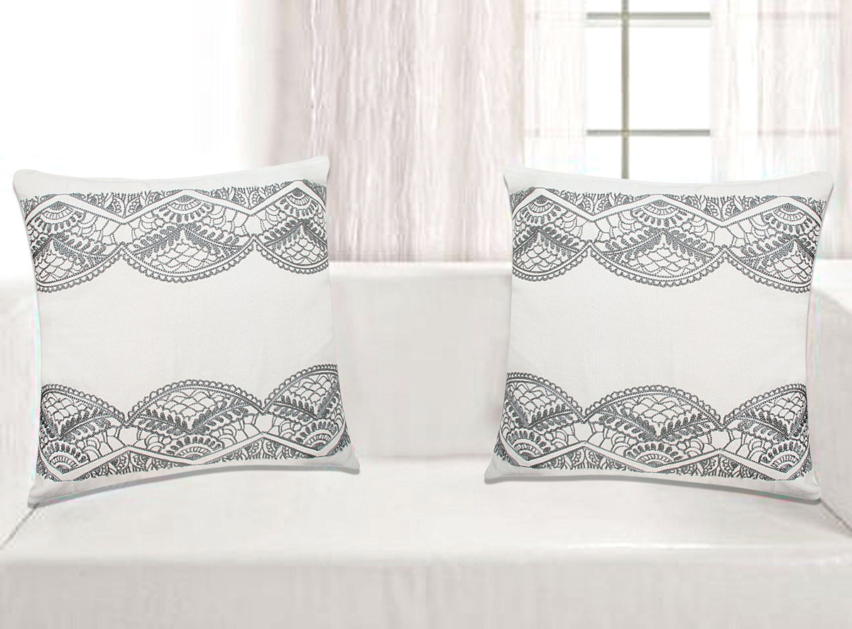 Saral Home Grey Embroidered Cotton Sofa Cushion Cover (40X40 Cm)  Set Of 2 Pc