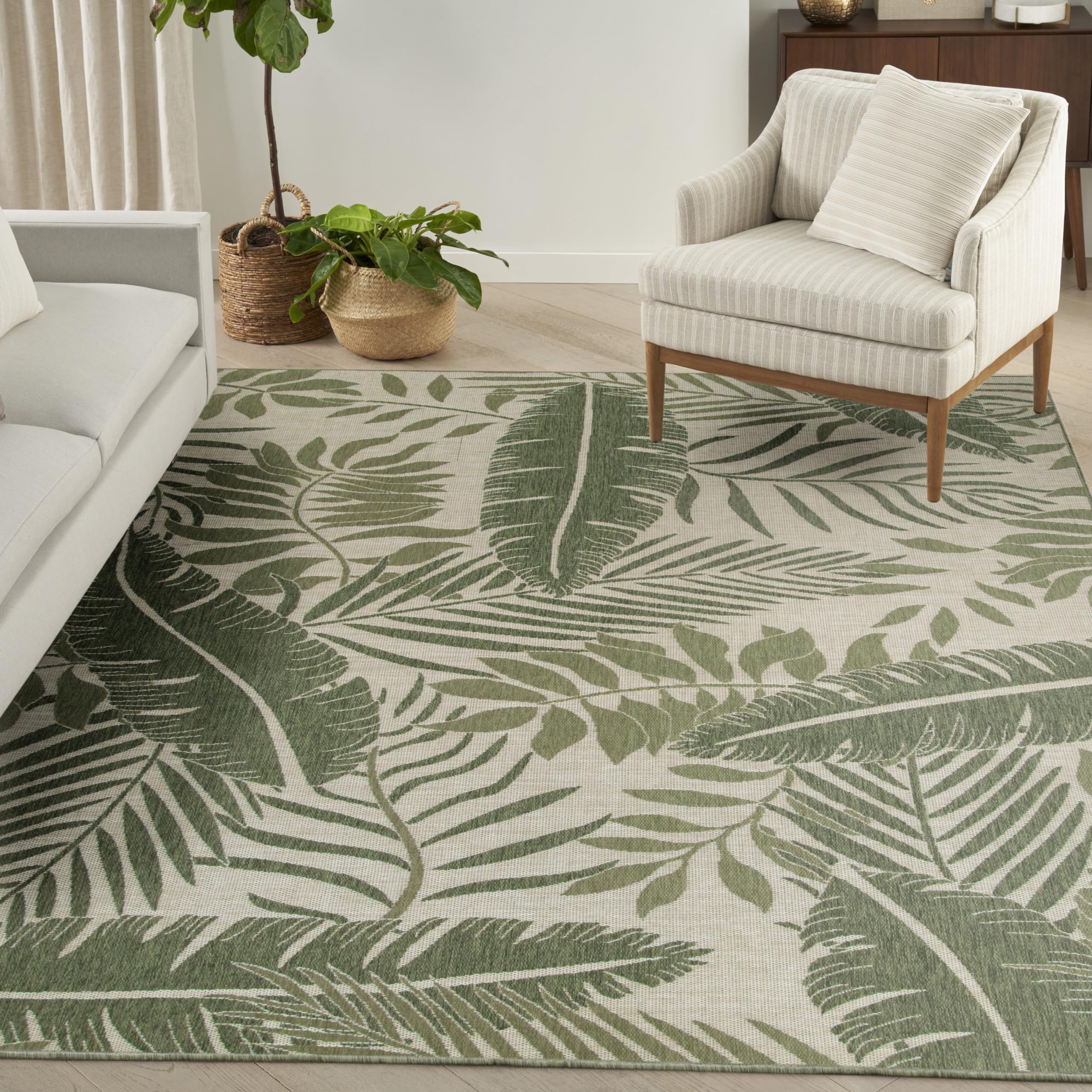 Nourison Garden Oasis Tropical Ivory Green 8' X 10' Area Rug, Easy Cleaning, Non Shedding, Bed Room, Living Room, Dining Room, K