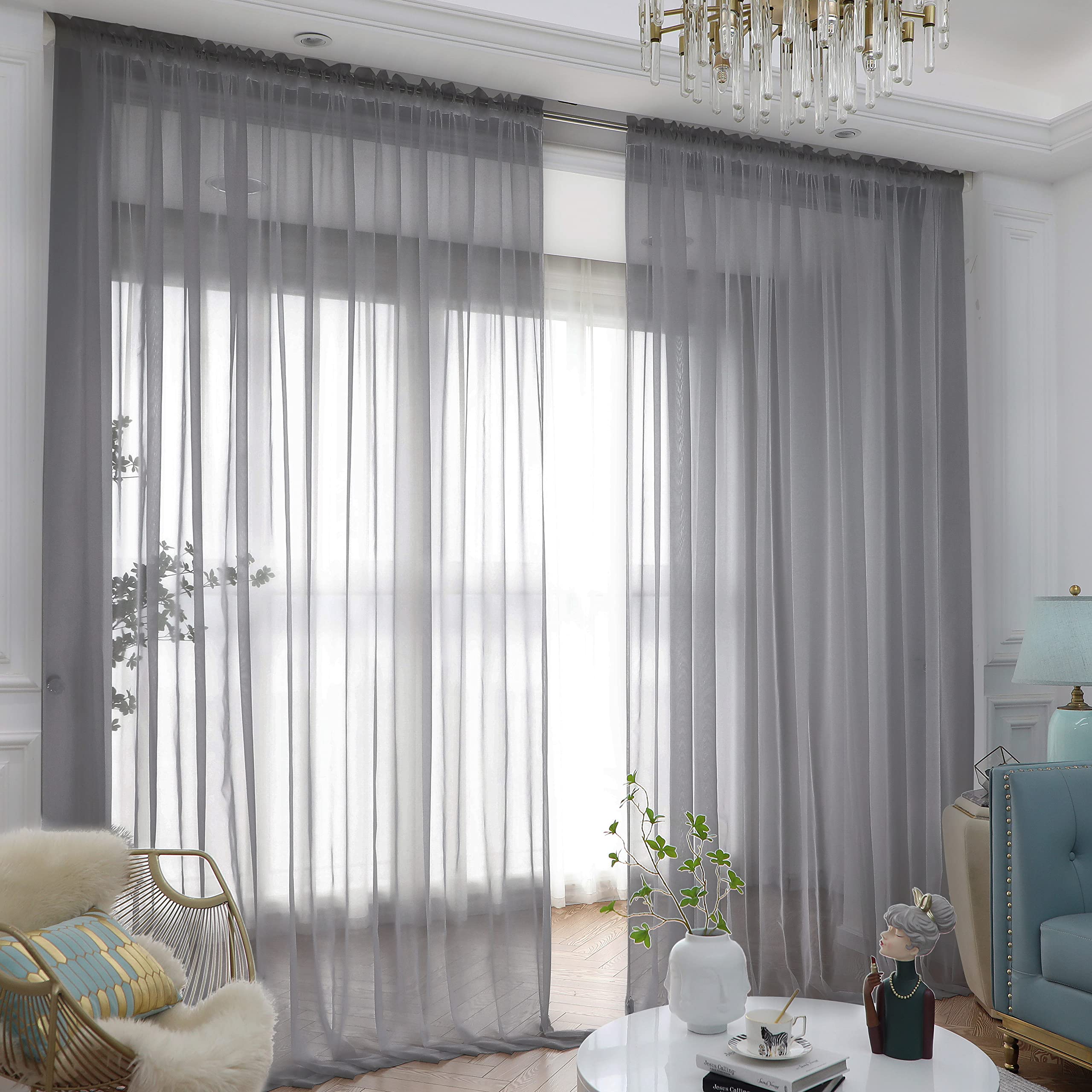 Window Gray Sheer Curtains 90 Inches Long 2 Panels Sheer Curtain Basic Rod Pocket Panel For Bedroom Children Living Room Yard Ki