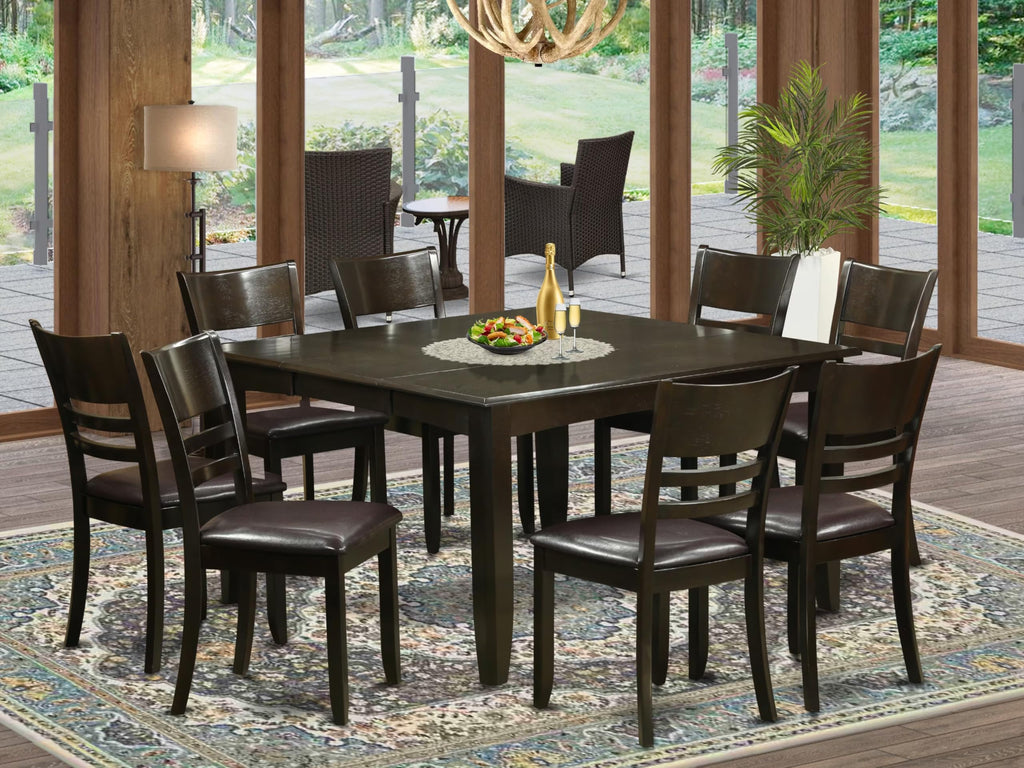 East West Furniture PFLY9-CAP-LC 9 Piece Dining Set Includes a Square Dining Room Table with Butterfly Leaf and 8 Faux Leather Upholstered Kitchen Chairs, 54x54 Inch, Cappuccino