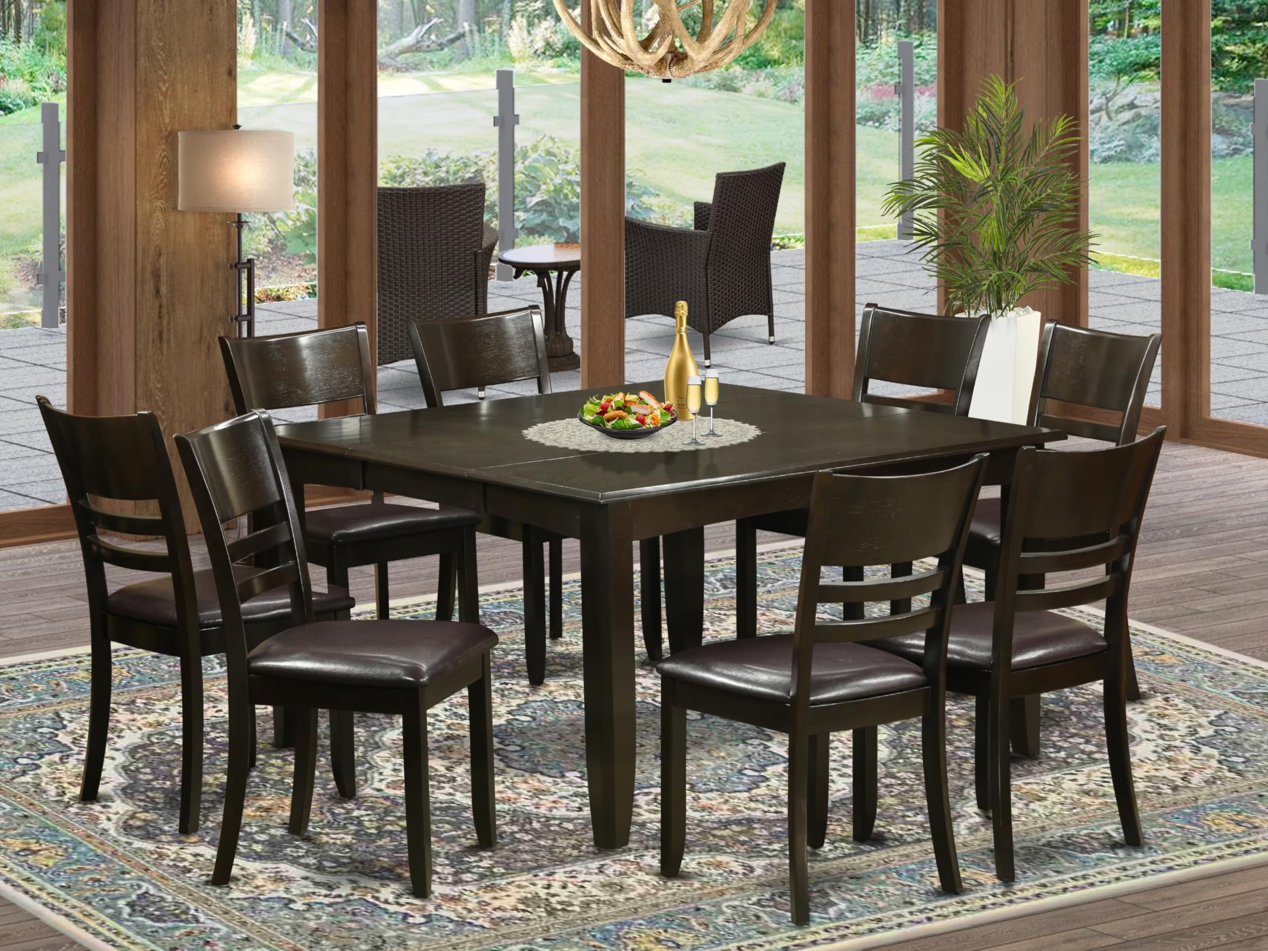 East West Furniture PFLY9-CAP-LC 9 Piece Dining Set Includes a Square Dining Room Table with Butterfly Leaf and 8 Faux Leather Upholstered Kitchen Chairs, 54x54 Inch, Cappuccino