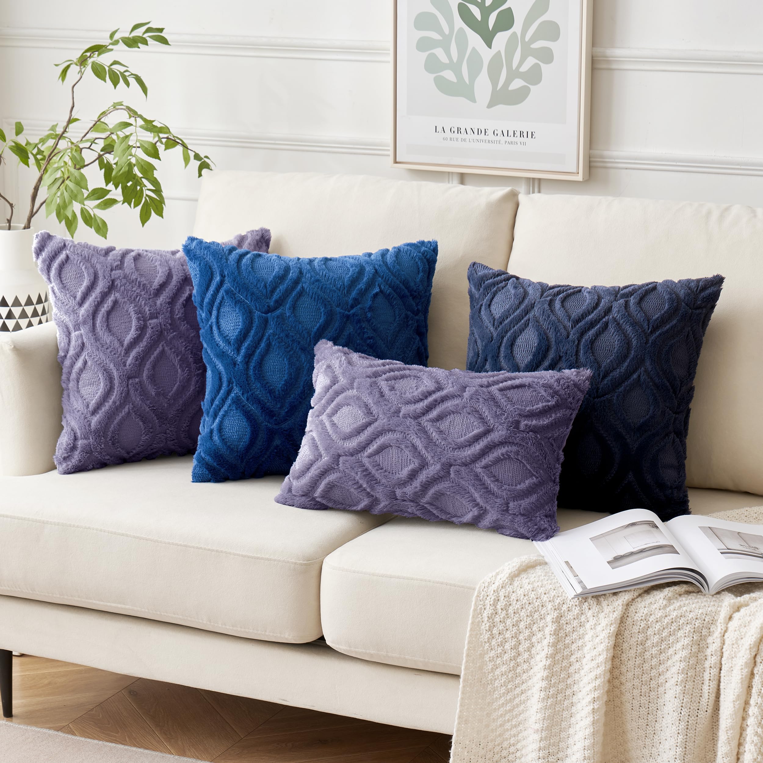 Miulee Blue Purple Throw Pillow Covers 18X18 Inch, Soft Winter Plush Faux Wool Couch Pillow Covers Set Of 2 Decorative Farmhouse Boho Throw Pillows For Sofa Living Room Bed