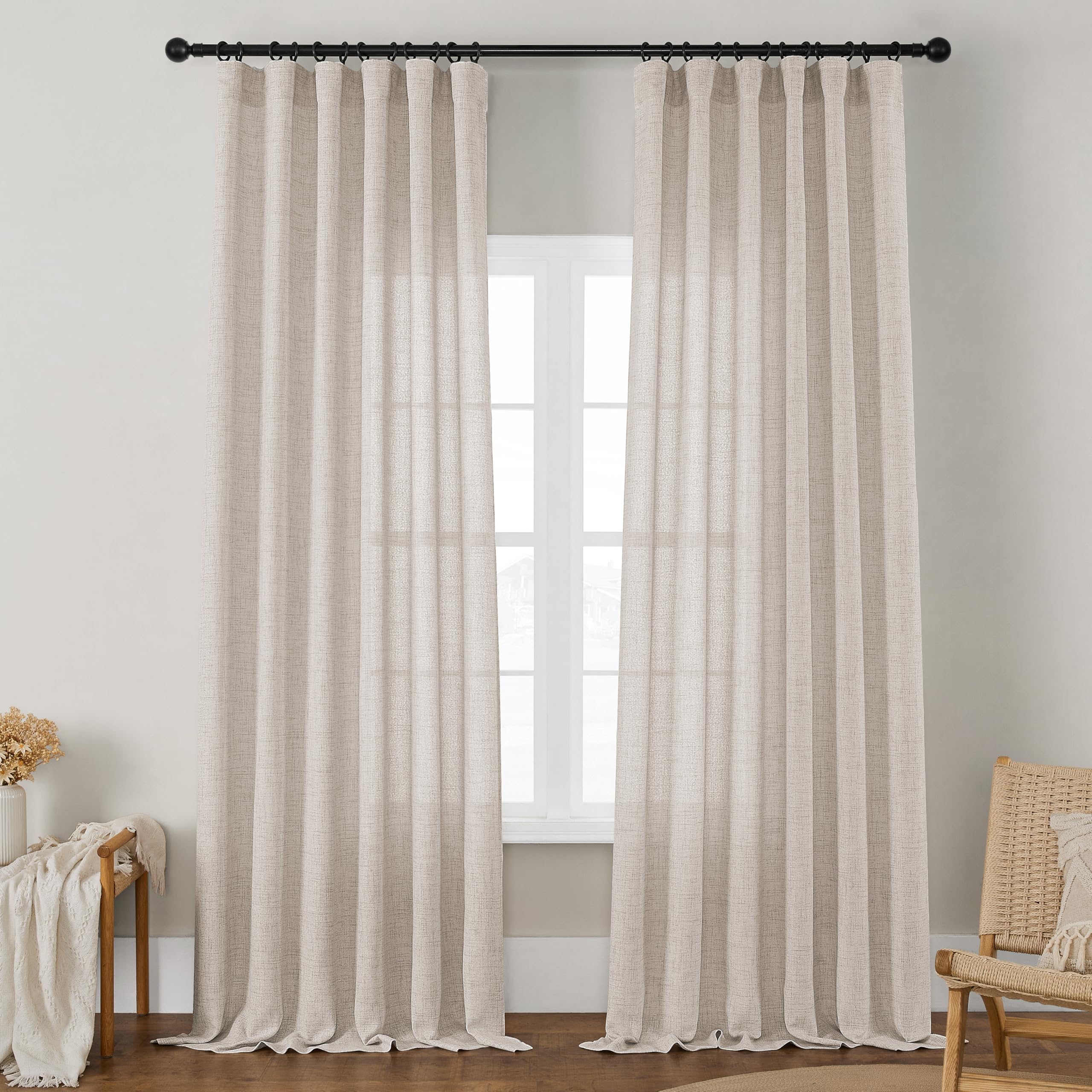 Beige Tan Linen Curtains 94 Inches Long For Living Room 2 Panels Set Light Filtering Semi Sheer Curtains Luxury Rod Pocket Hook