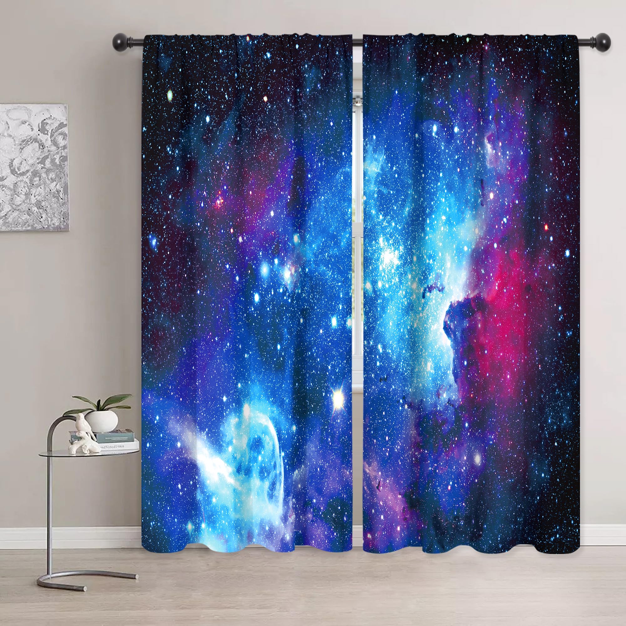 Riyidecor Galaxy Outer Space Nebula Curtains (2 Panels 42 X 72 Inch) Blue Rod Pocket Universe Planet Fantasy Starry Black Art Pr