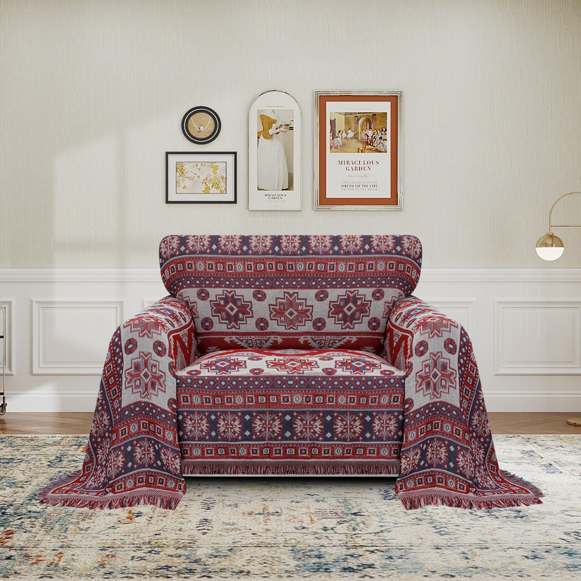 Purefit Geometric Jacquard Throw Sofa Cover - Textured Soft Washable Decorative Couch Covers For 3 Cushion Couch, Throw Cover With Tassels Furniture Protector For Pets, Kids (Small, Bohemia Red)