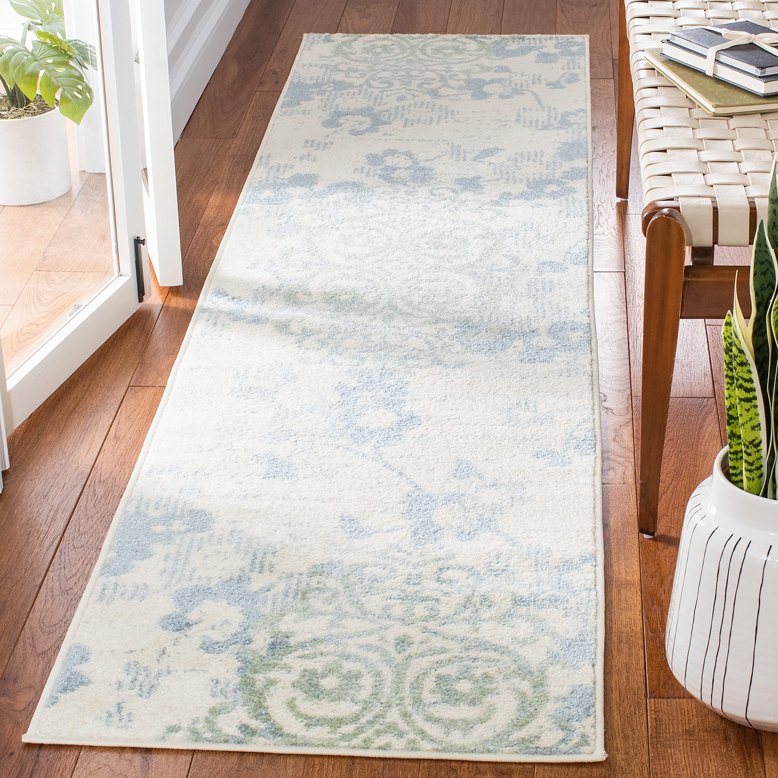 SAFAVIEH Adirondack Collection Runner Rug - 22 x 9, Ivory & Blue, Floral Glam Damask Distressed Design, Non-Shedding & Easy Ca