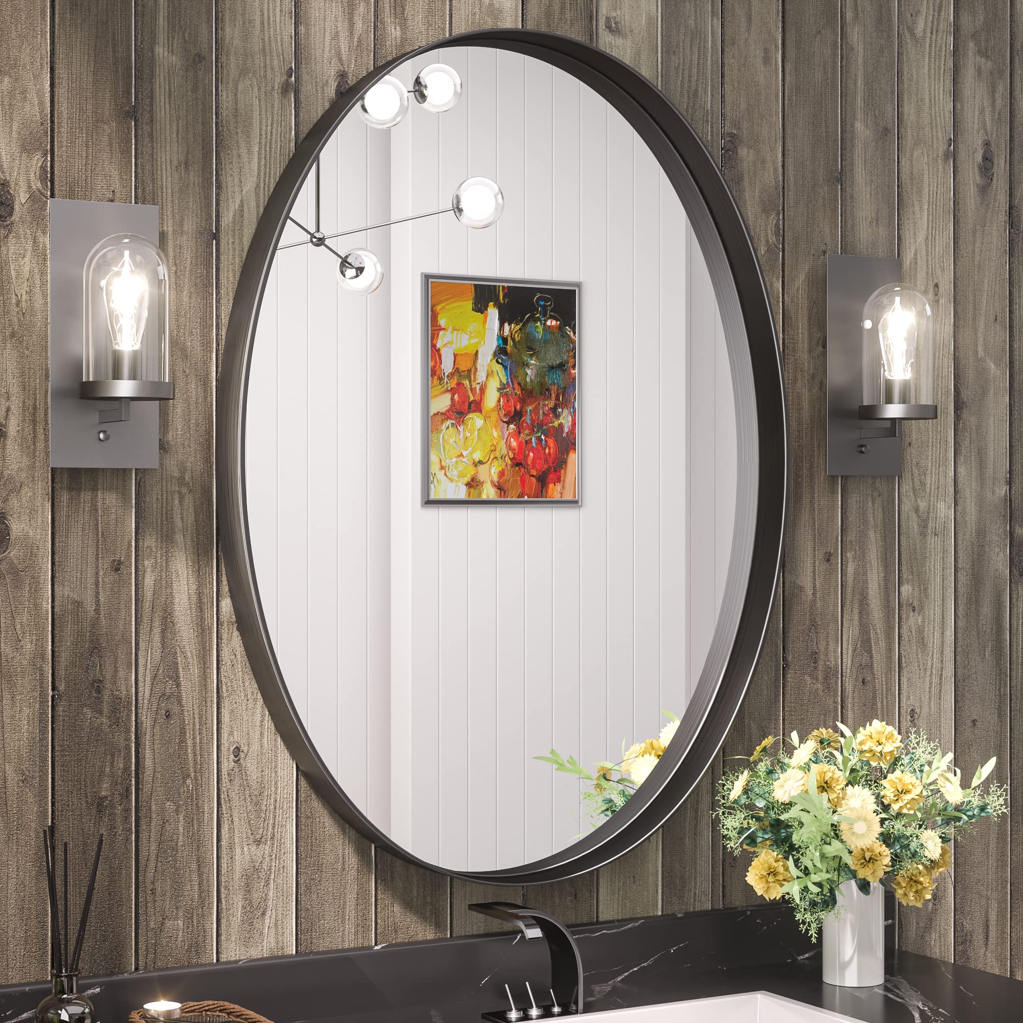 TETOTE Black Oval Bathroom Mirror, 24 x 36 Matte Black Framed Wall Mounted Mirror for Vanity, Modern Decorative Shatterproof Ova