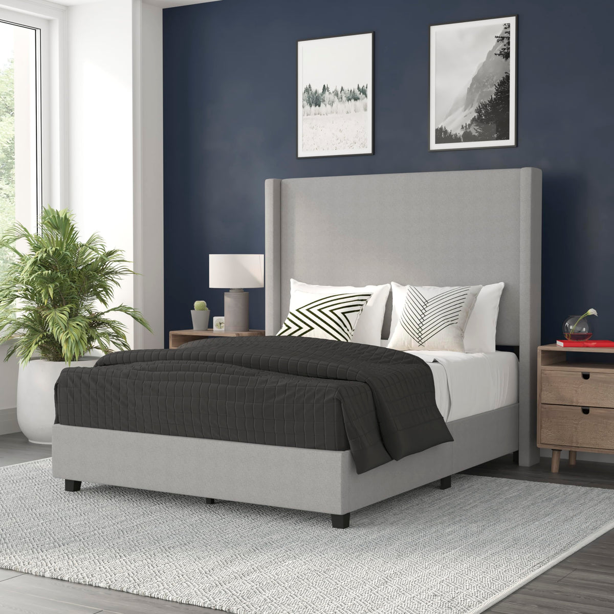 Flash Furniture Quinn Upholstered Platform Bed - Gray Channel Stitched Wingback Headboard - Full - Mattress Foundation with Slatted Supports - No Box Spring Needed