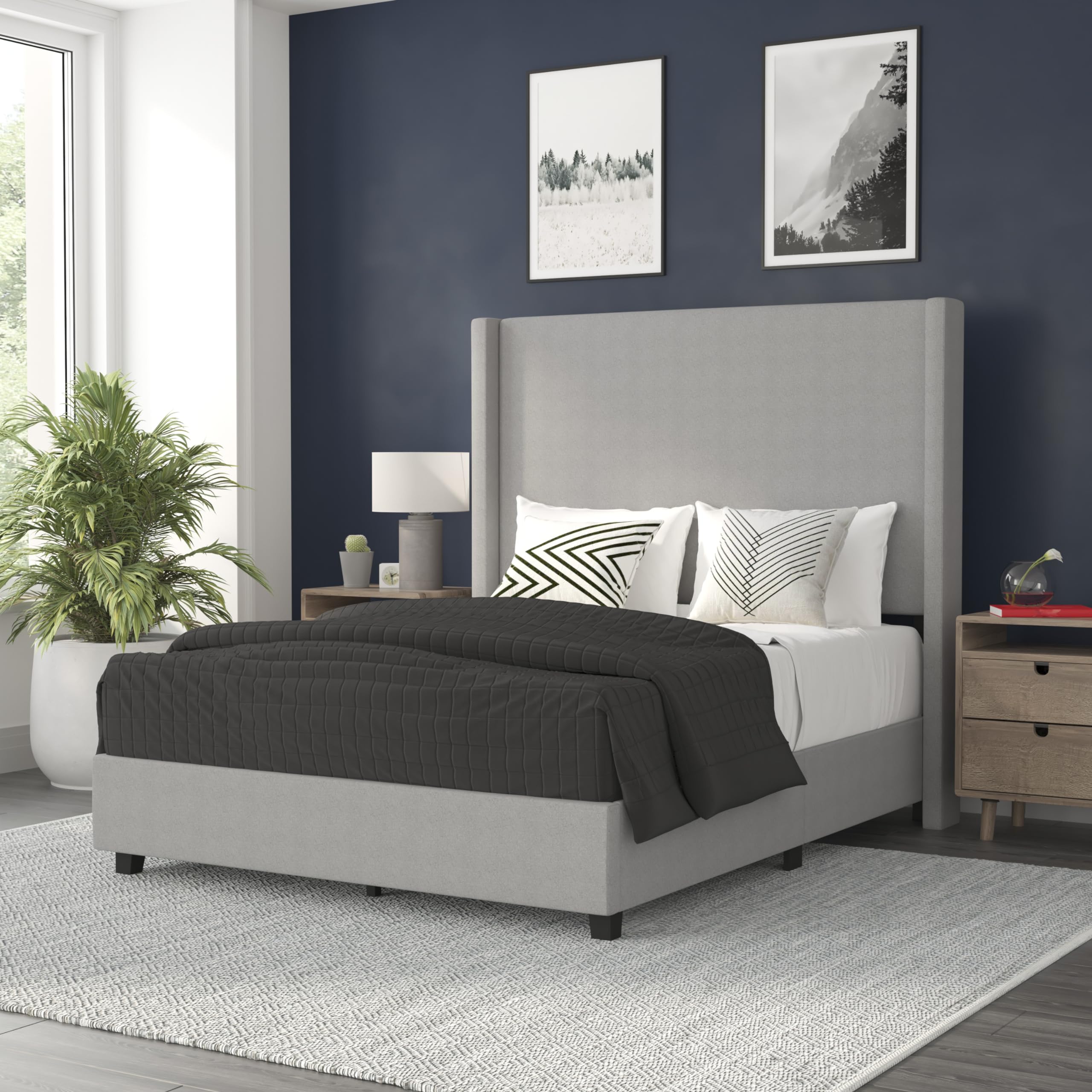 Flash Furniture Quinn Upholstered Platform Bed - Gray Channel Stitched Wingback Headboard - Full - Mattress Foundation with Slatted Supports - No Box Spring Needed