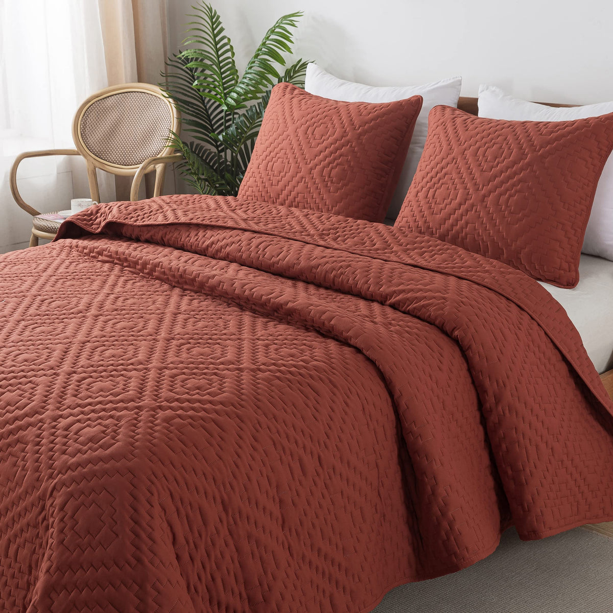R.Share Burnt Orange Queen Size Quilt Bedding Sets With Pillow Shams, Boho Full Lightweight Soft Bedspread Coverlet, Quilted Bla