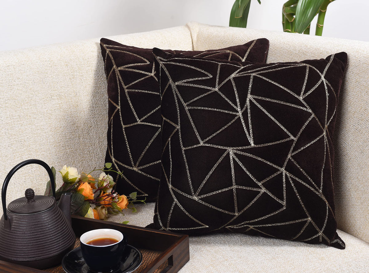 Decoghar | Brown Handmade Triangle Embroidered Throw Pillow Covers For Living Room, Bedroom And Office | Soft Cotton Feel Fabric