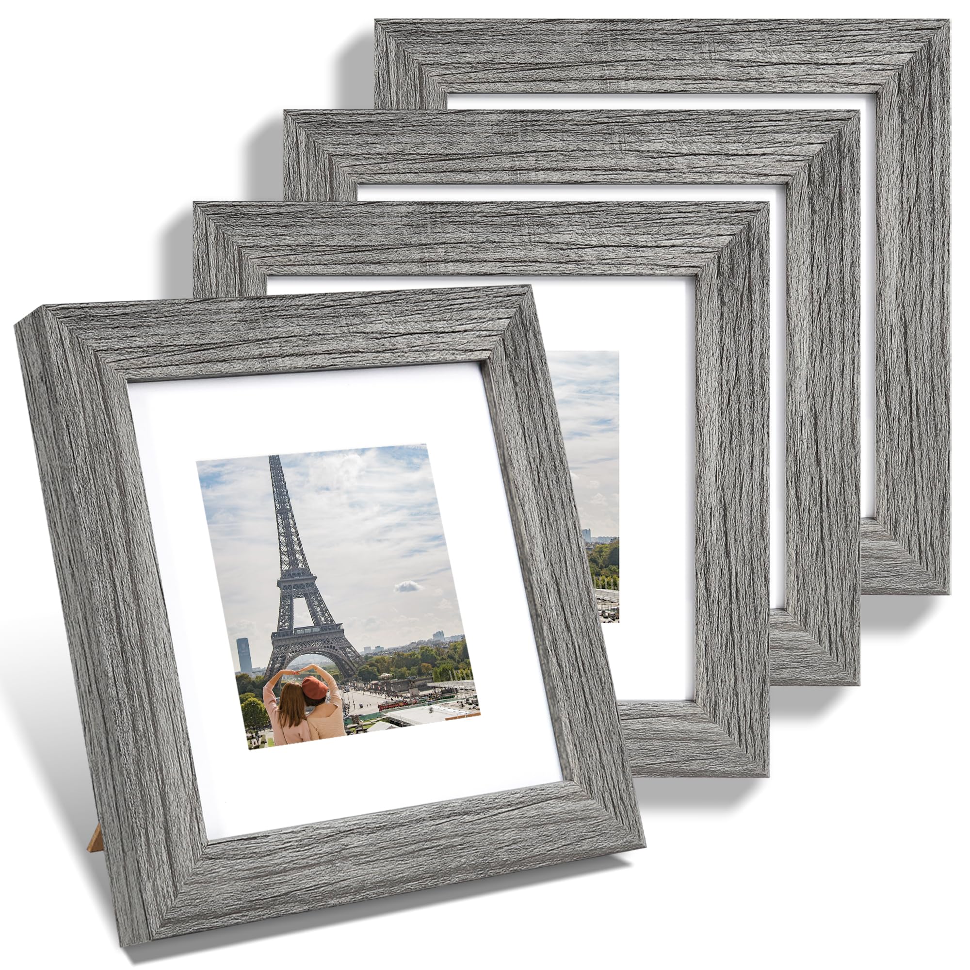 Hongkee 6x6 Picture Frame Set of 4, Made of Glass and Grey Wooden Frame - Display Picture 4x4 with Mat or 6 x 6 Without Mat, 6x6
