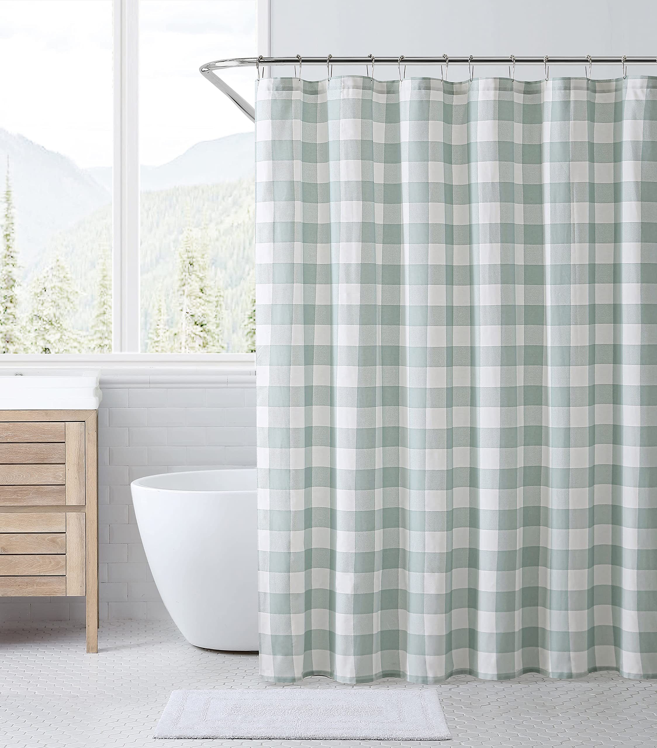 Eddie Bauer - Shower Curtain, Lightweight Cotton Bathroom Decor, Buttonhole Top (Cabin Plaid Green, 72' X 72')