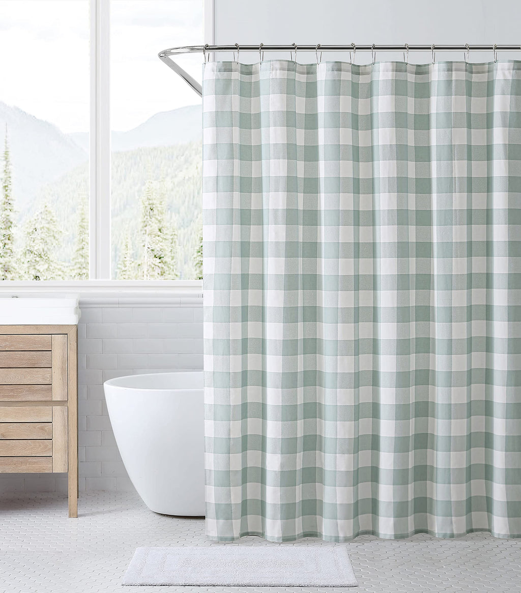 Eddie Bauer - Shower Curtain, Lightweight Cotton Bathroom Decor, Buttonhole Top (Cabin Plaid Green, 72' X 72')