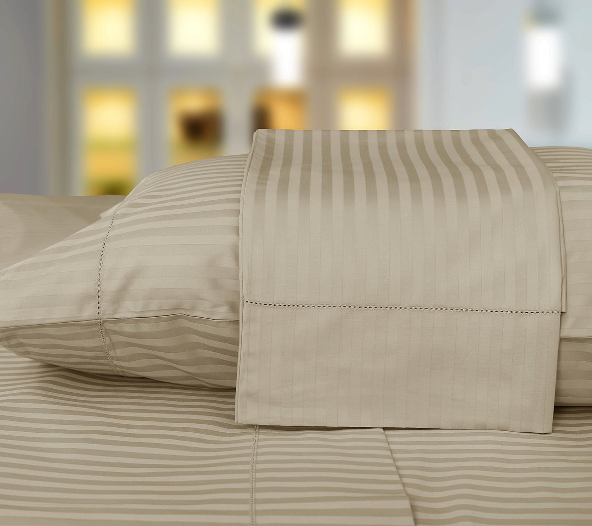 Threadmill Home Linen Luxury King Size Pillow Cases - 100% Natural Cotton 600 Thread Count, 2 Piece Damask Stripe Beige Pillow C