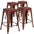 Flash Furniture Kai Commercial Grade 4 Pack 24 High Backless Distressed Kelly Red Metal Indoor-Outdoor Counter Height Stool