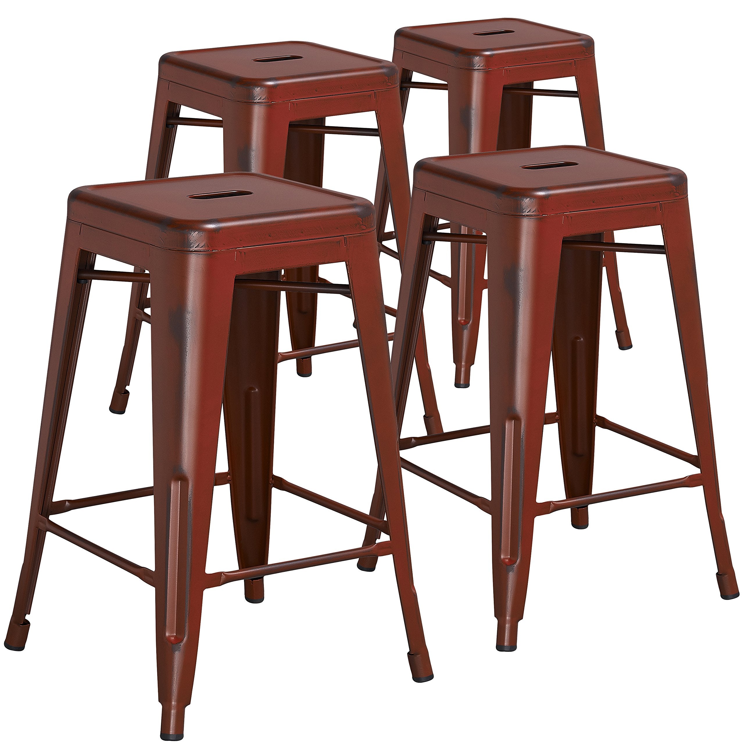Flash Furniture Kai Commercial Grade 4 Pack 24 High Backless Distressed Kelly Red Metal Indoor-Outdoor Counter Height Stool