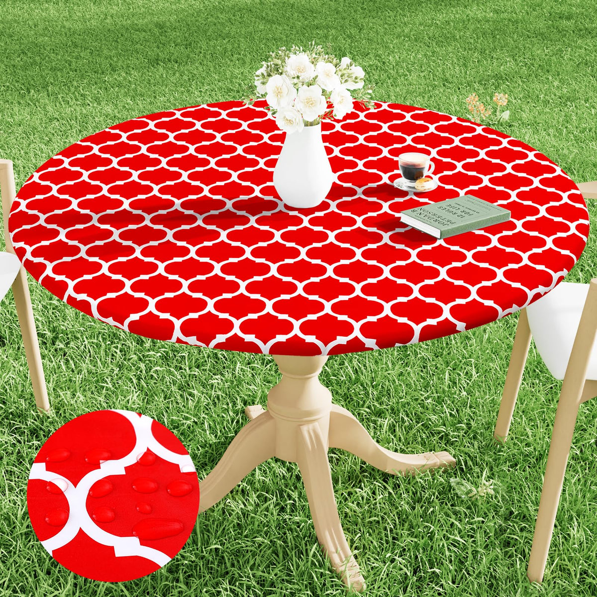 Smiry Round Picnic Tablecloth, Waterproof Elastic Fitted Table Covers For 57' - 68' Tables, Wipeable Flannel Backed Vinyl Tablecloths For Camping, Indoor, Outdoor, Red & White