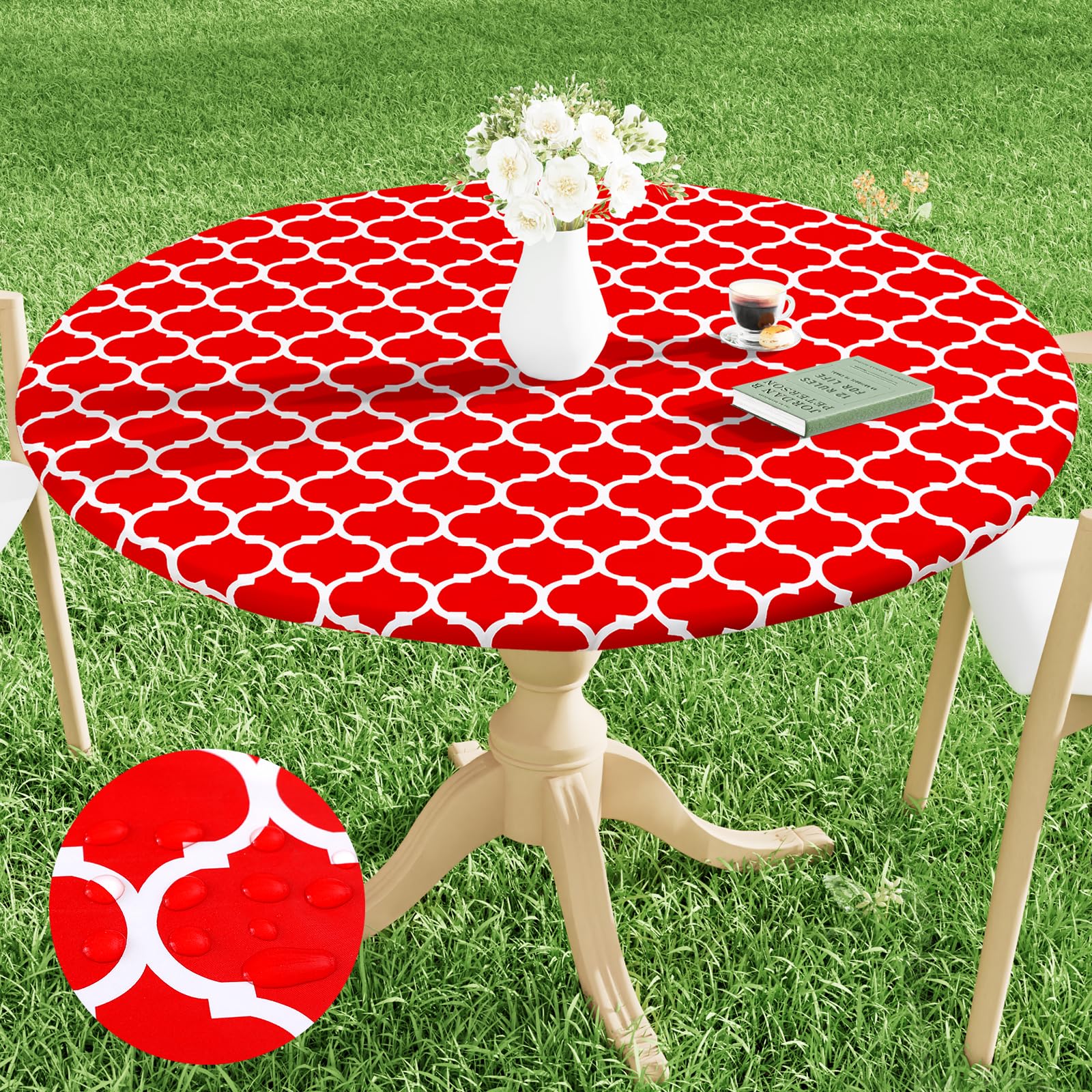 Smiry Round Picnic Tablecloth, Waterproof Elastic Fitted Table Covers For 57' - 68' Tables, Wipeable Flannel Backed Vinyl Tablecloths For Camping, Indoor, Outdoor, Red & White