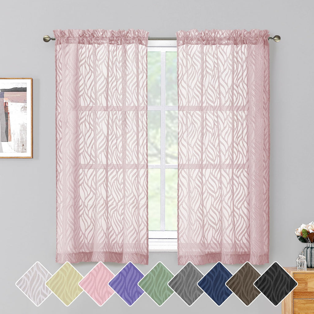 Chyhomenyc Marilyn Blush Pink Sheer Curtains 54 Inch Length For Bedroom, Light Filtering Soft 3D Leaf Clip Jacquard Textured Rod