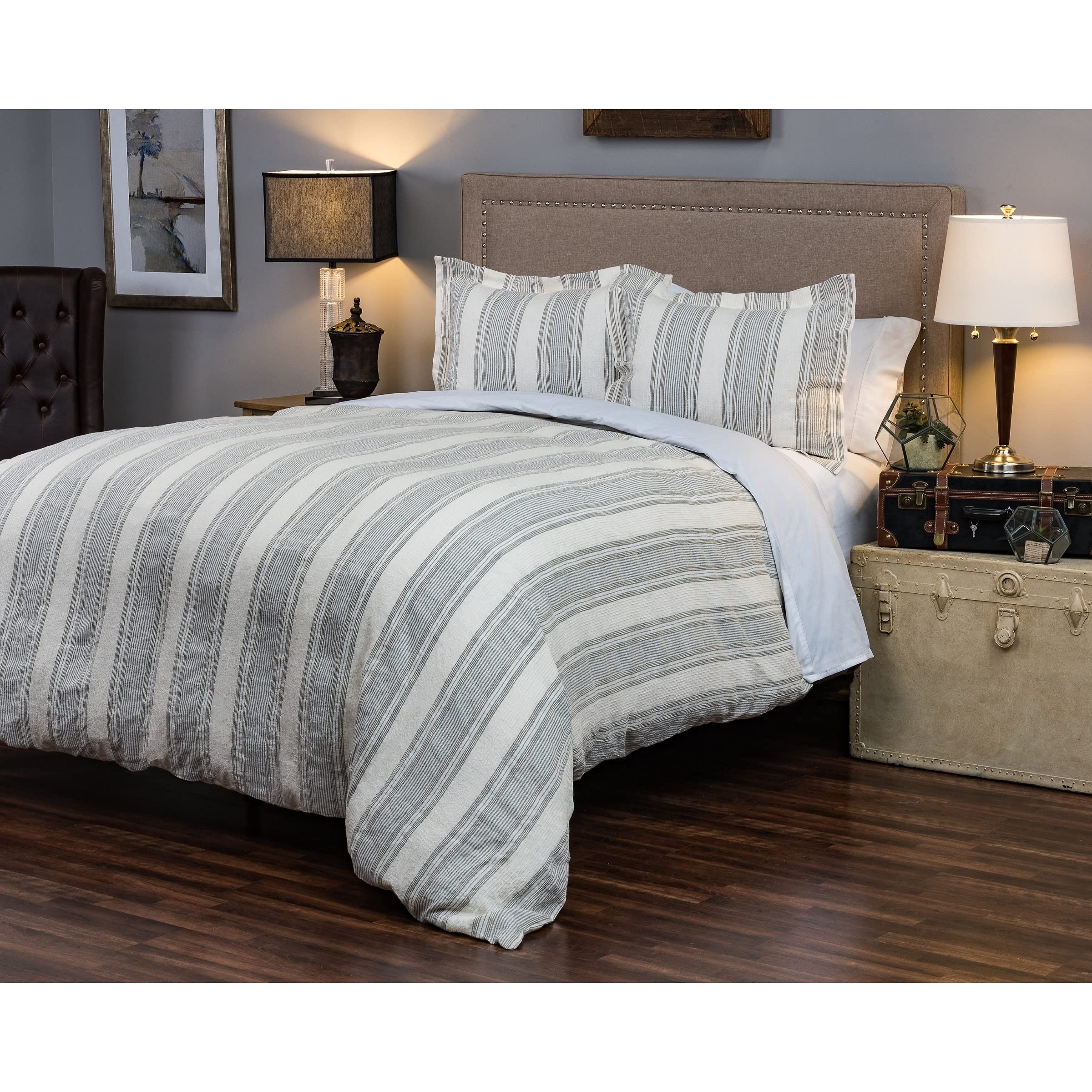 Rizzy Home | BT4010 | Duvet | 98"x98" Gray/White/Neutral Stripe