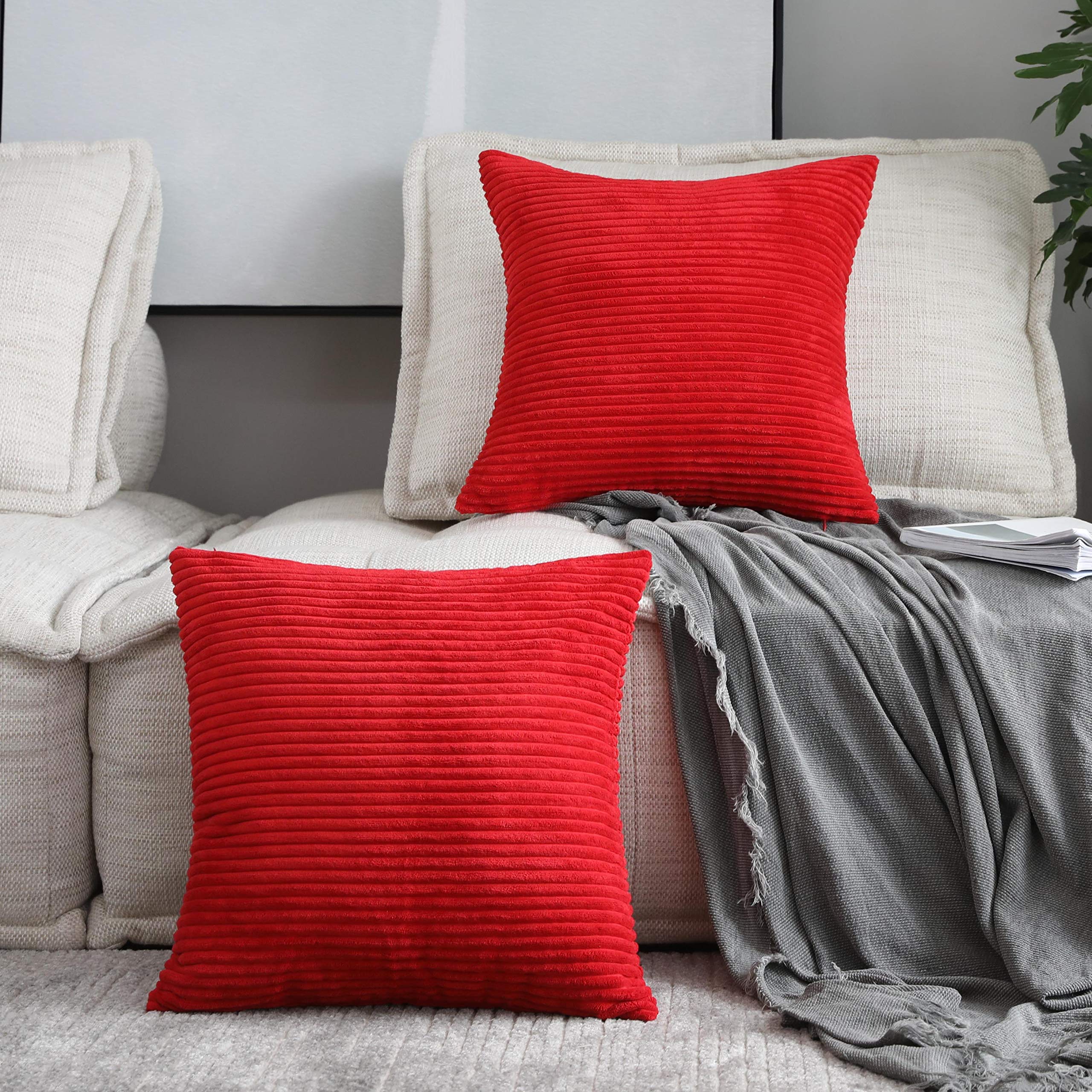 Home Brilliant Red Pillows Decorative Throw Pillows Covers For Couch Bench Set Of 2 Striped Velvet Accent Pillow Covers, 40X40Cm