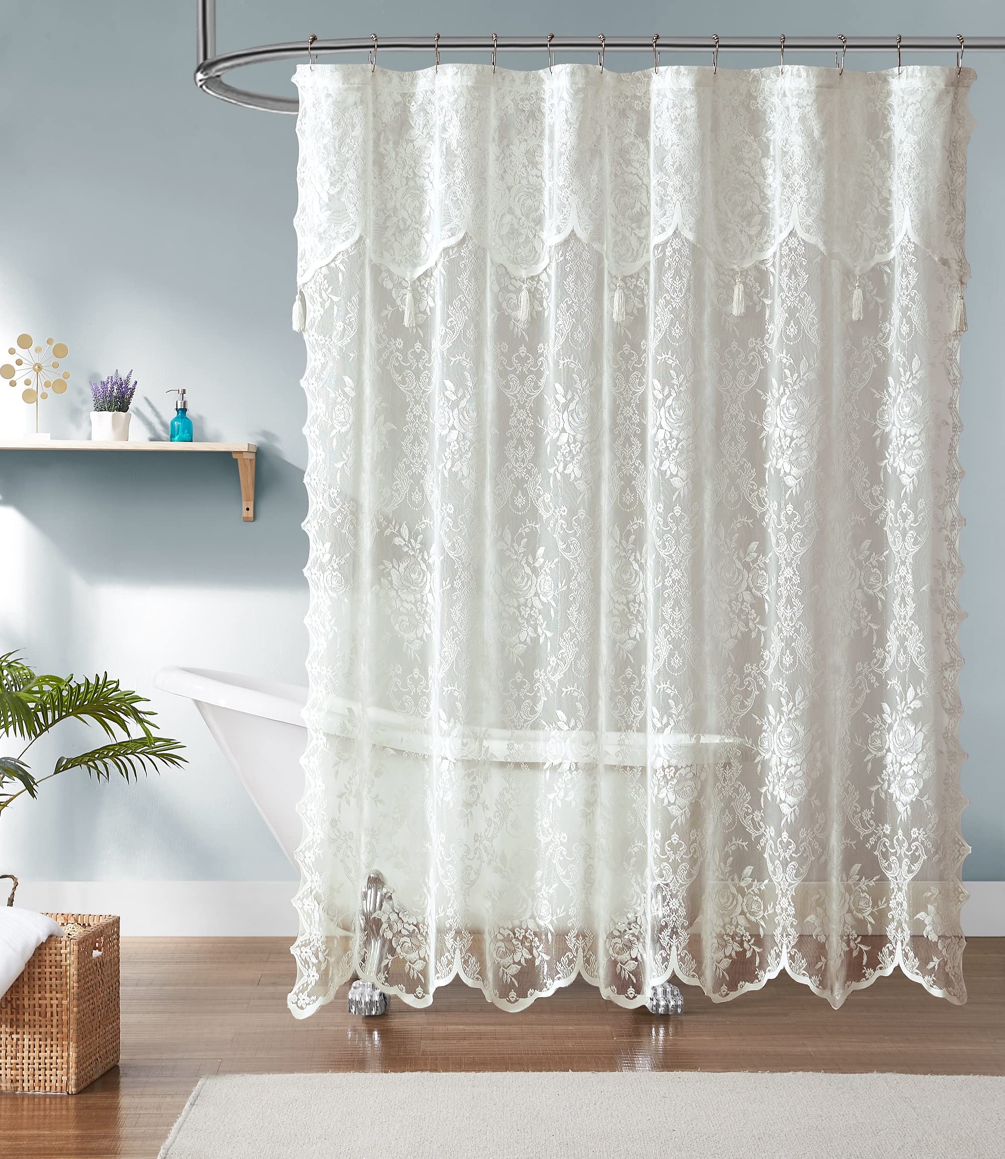 Warm Home Designs Ivory Lace Shower Curtain 72 x 84 Inches with Attached Valance & 7 Tassels. Luxury Farmhouse Shower Curtains f