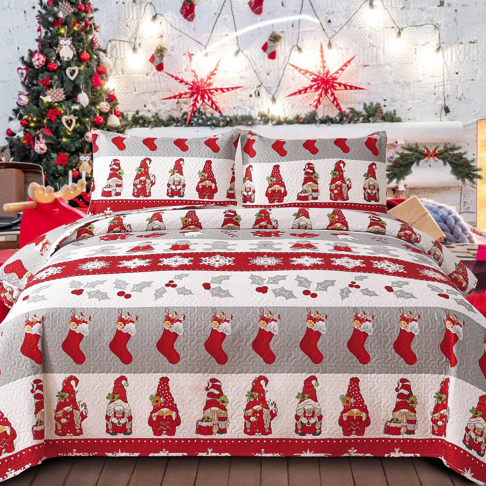 Chesity Christmas Twin Size Bedding Quilt Set Reversible Xmas Bedspread Santa Claus Tree Quilts Plaid Bedding Breathable Snowmen