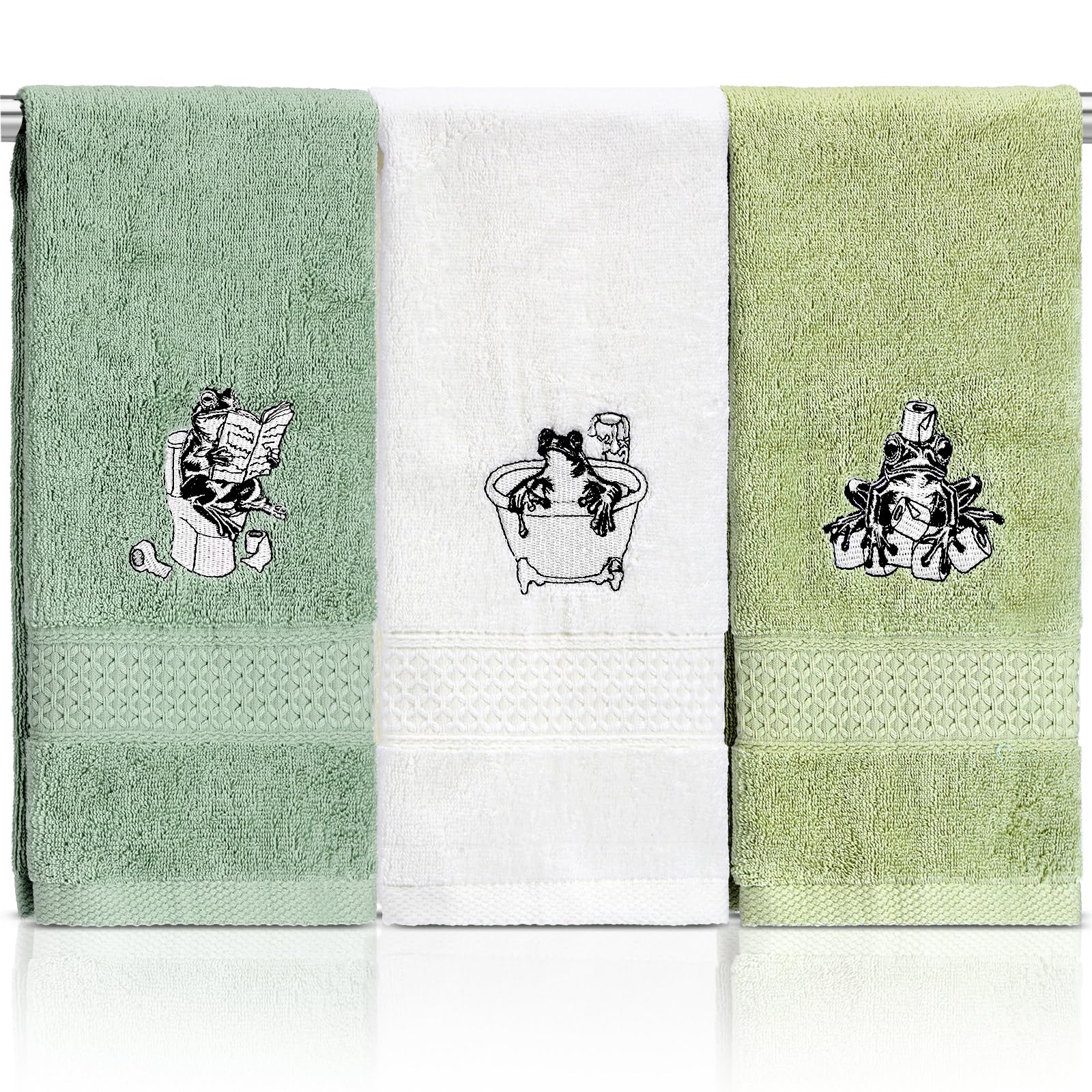 Breling 3 Pcs Frog Hand Towels for Bathroom, Frog Kitchen Hand Towels 13.3 x 29 Inch 100% Cotton Soft Embroidered Washroom Decor