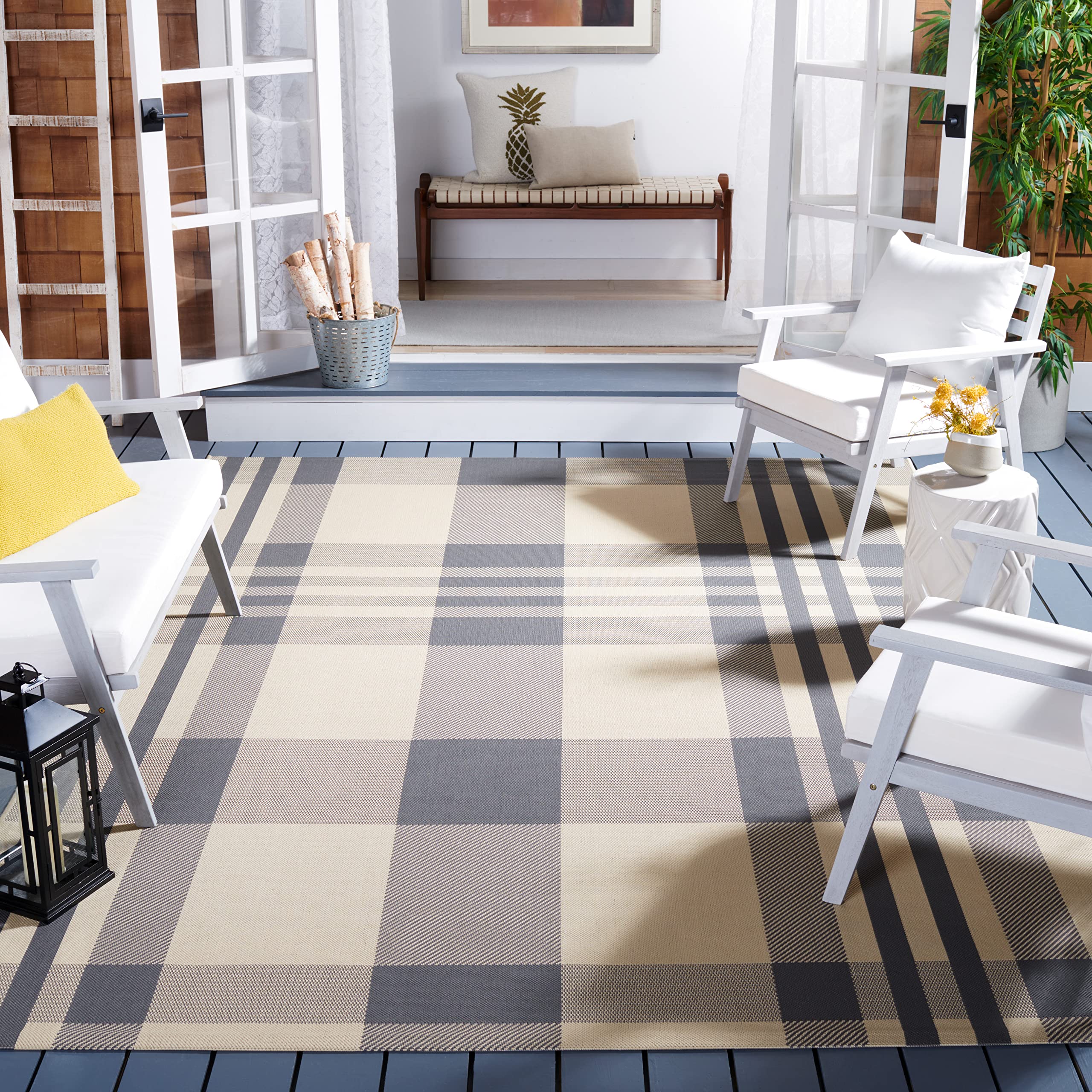 SAFAVIEH Courtyard Collection 23 x 18 Grey/Bone CY6201 Plaid Indoor/ Outdoor Patio Backyard Mudroom Runner Rug