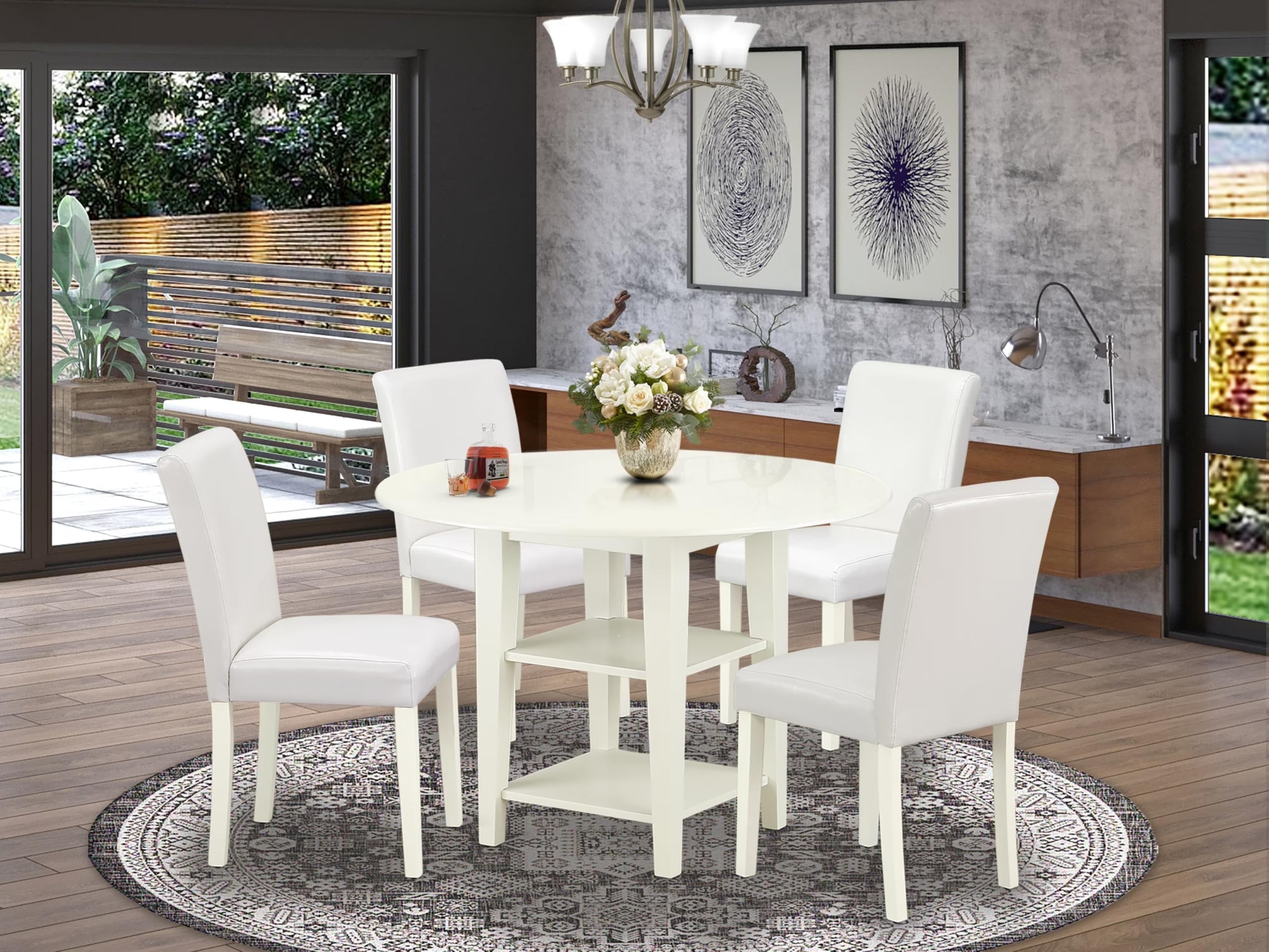 East West Furniture Suab5-Lwh-64 5 Piece Dining Table Set Includes A Round Dining Room Table With Dropleaf & Shelves And 4 White Faux Leather Parsons Chairs, 42X42 Inch, Linen White