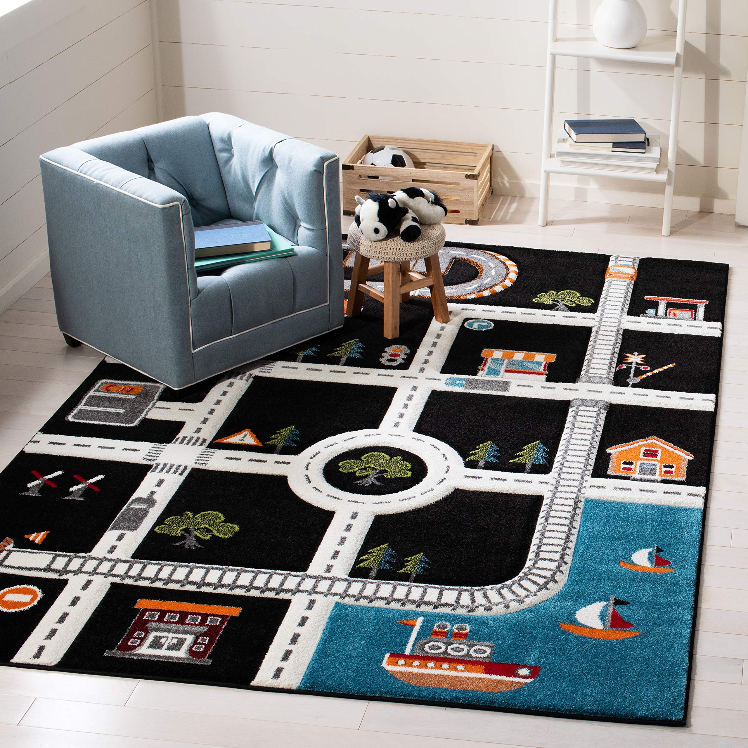 SAFAVIEH Carousel Kids Collection CRK192Z Neighborhood Non-Shedding Playroom Nursery Bedroom Area Rug 67 x 9 Black/Ivory